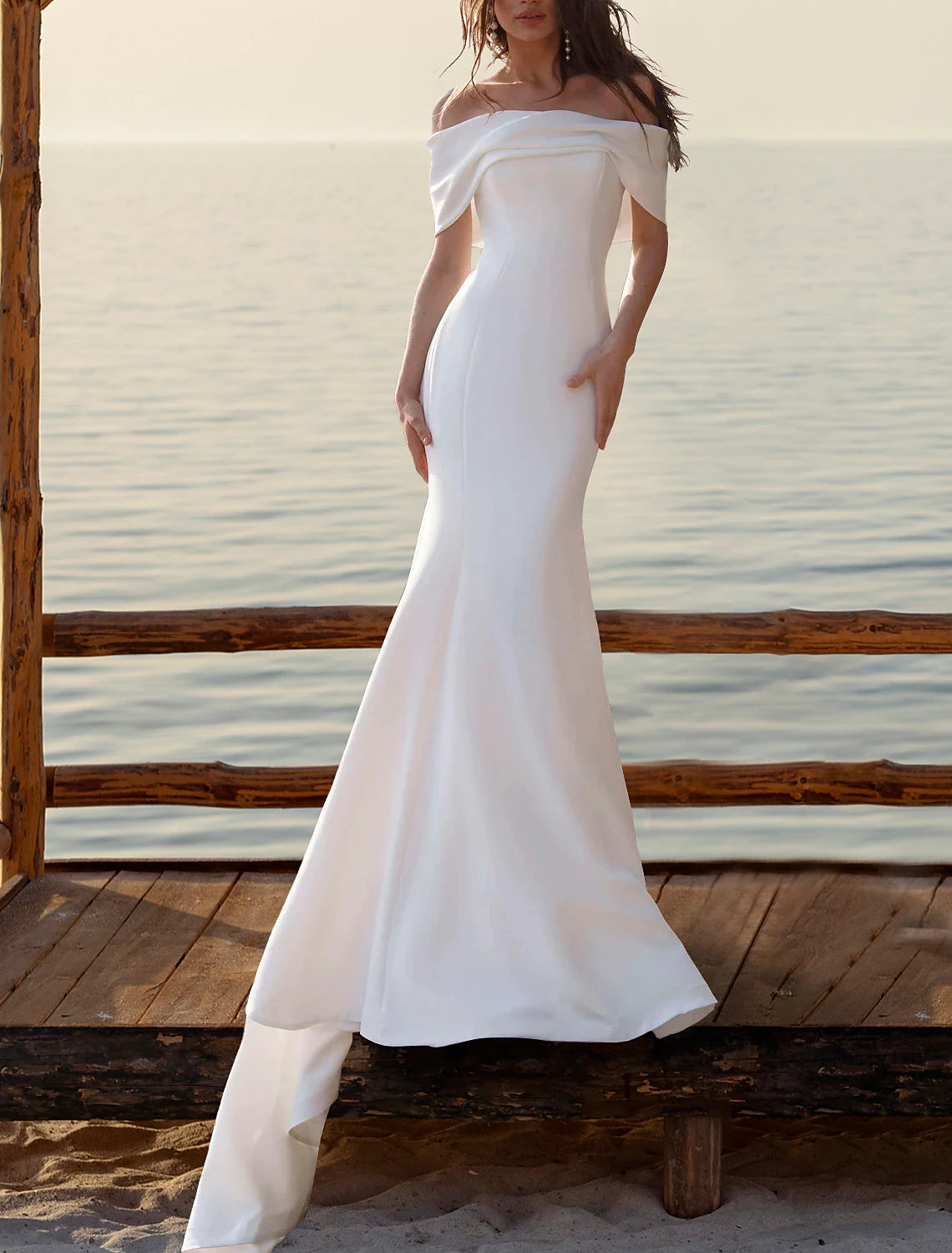 Wedding Dresses Mermaid Trumpet Off Shoulder Cap Sleeve Court Train Satin Bridal Gowns With