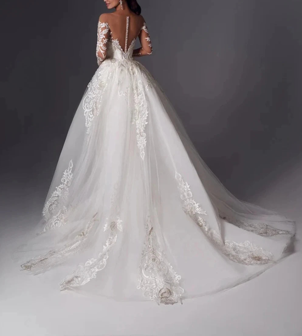 Engagement Formal Wedding Dresses Mermaid Trumpet Off Shoulder Long Sleeve Court Train Satin Bridal Gowns With Appliques Solid Color