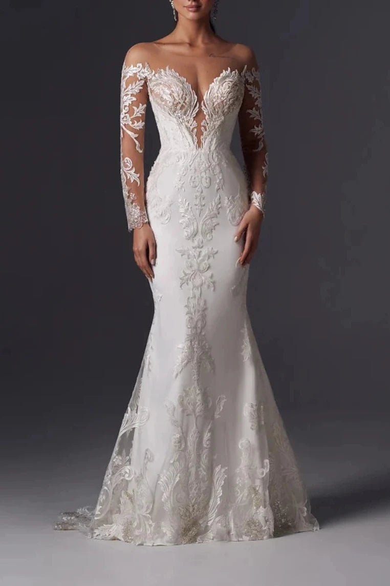 Engagement Formal Wedding Dresses Mermaid Trumpet Off Shoulder Long Sleeve Court Train Satin Bridal Gowns With Appliques Solid Color