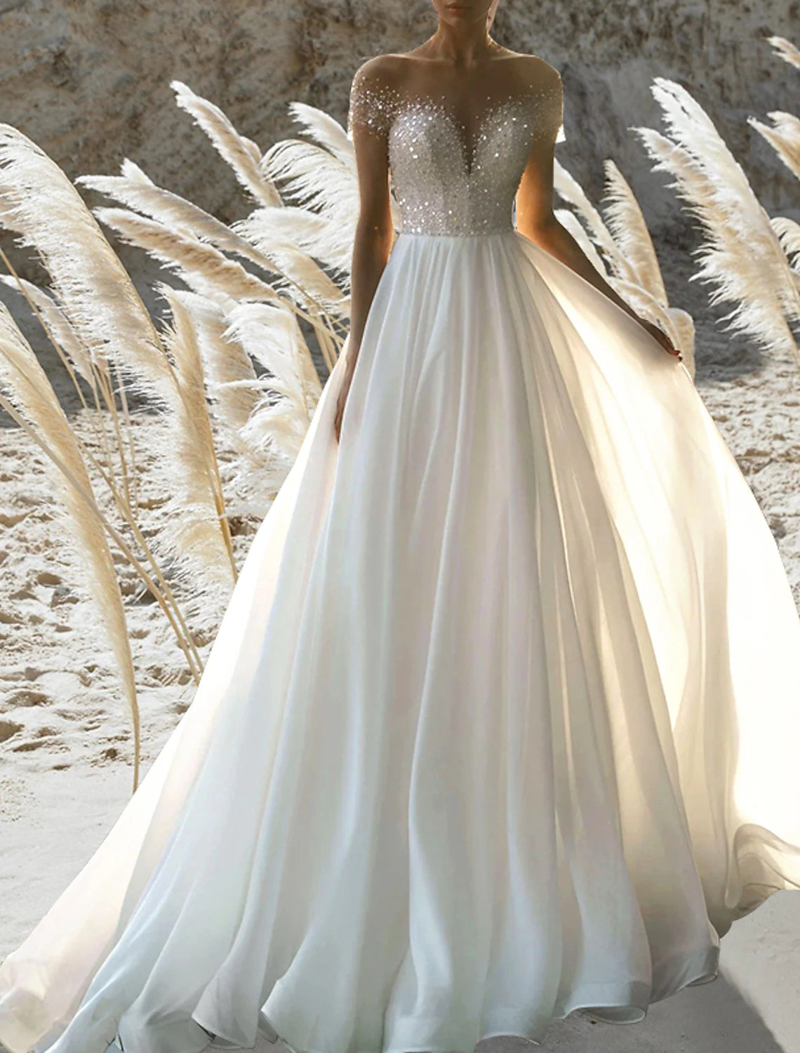 A-Line Off Shoulder Short Sleeve Court Train Chiffon Bridal Gowns With Pleats Beading