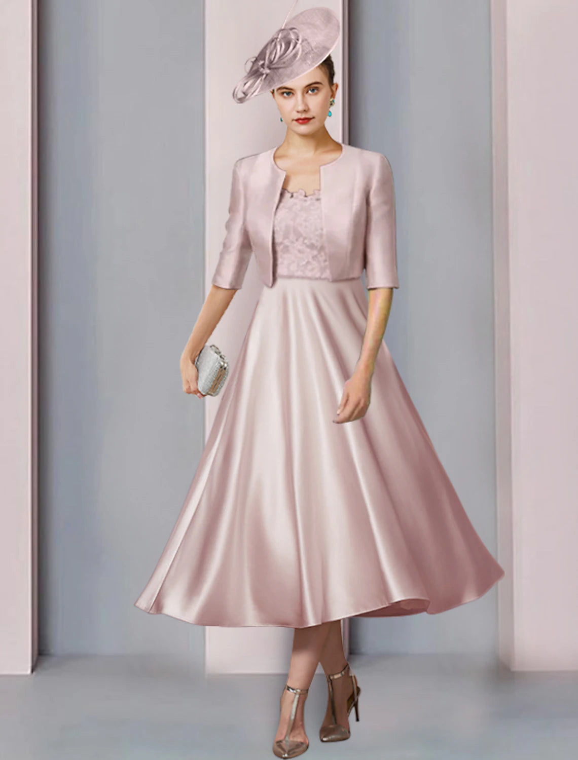 Two Piece A-Line Mother of the Bride Dress Wedding Guest Church Elegant Party Scoop Neck Tea Length Satin Lace Half Sleeve with Pleats