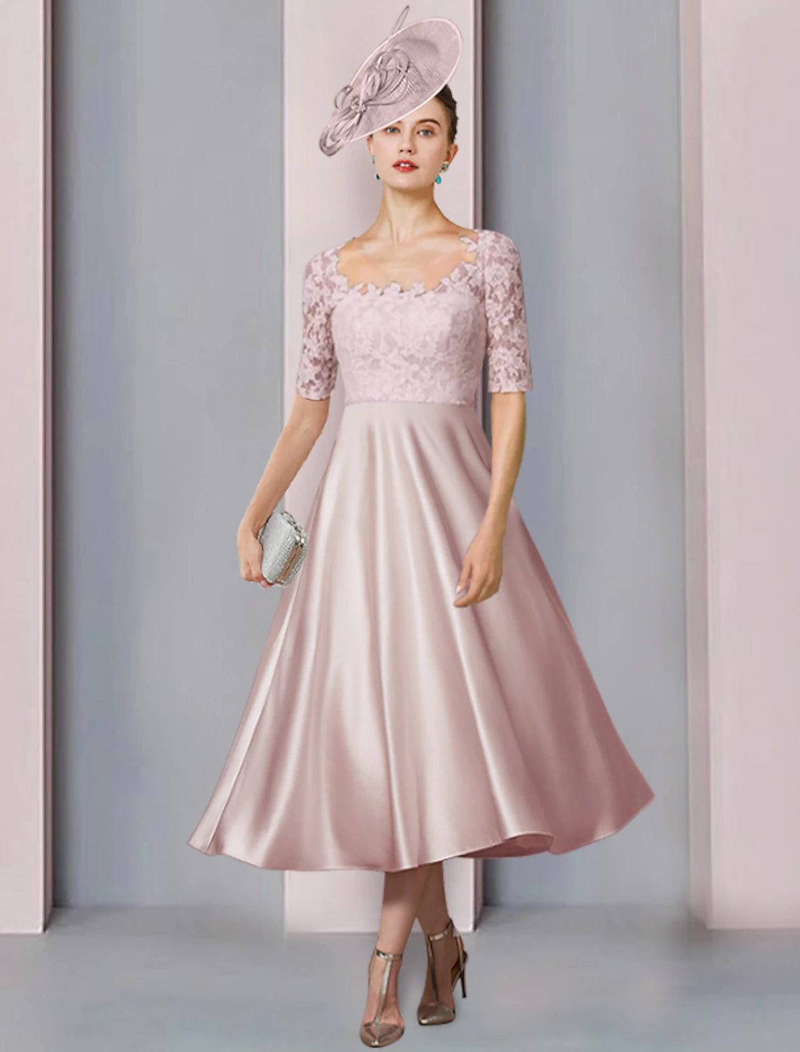 Two Piece A-Line Mother of the Bride Dress Wedding Guest Church Elegant Party Scoop Neck Tea Length Satin Lace Half Sleeve with Pleats