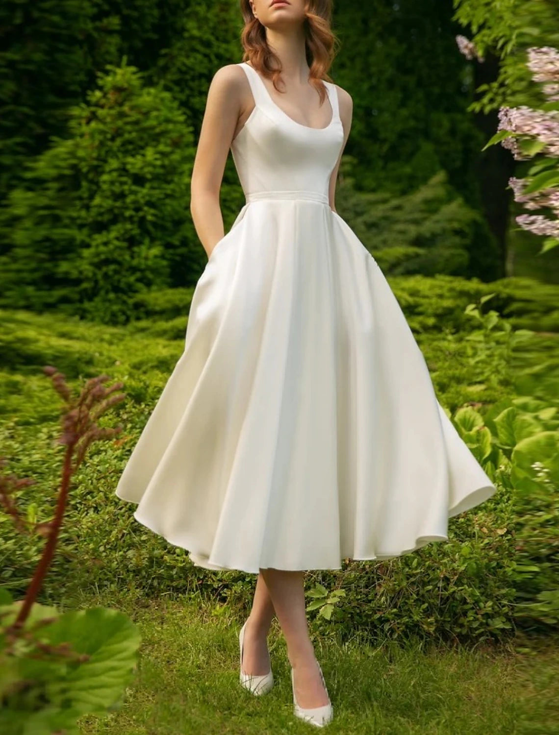 White Dresses Wedding Dresses A-Line Scoop Neck Sleeveless Tea Length Satin Bridal Gowns With Pleats Solid Color