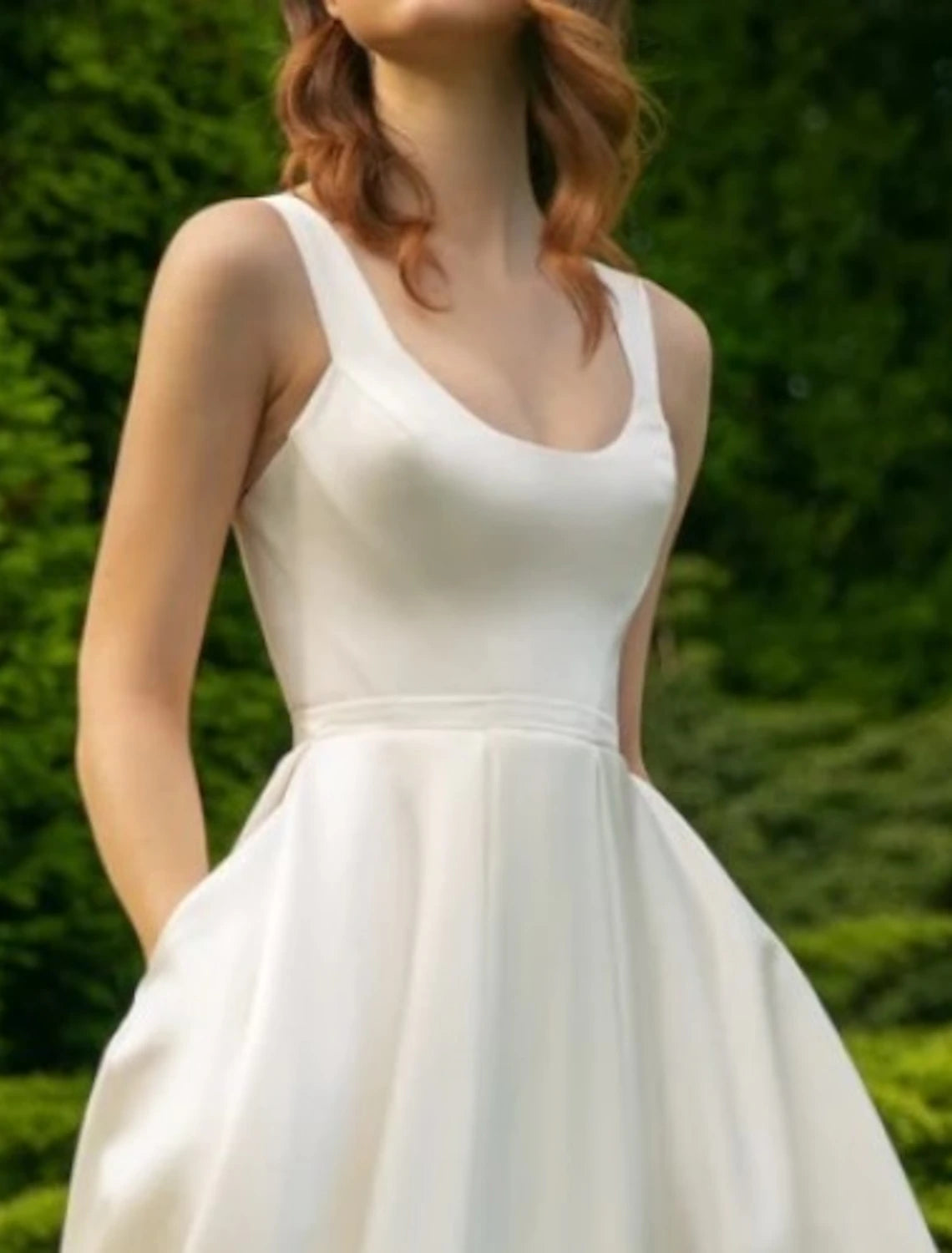 White Dresses Wedding Dresses A-Line Scoop Neck Sleeveless Tea Length Satin Bridal Gowns With Pleats Solid Color