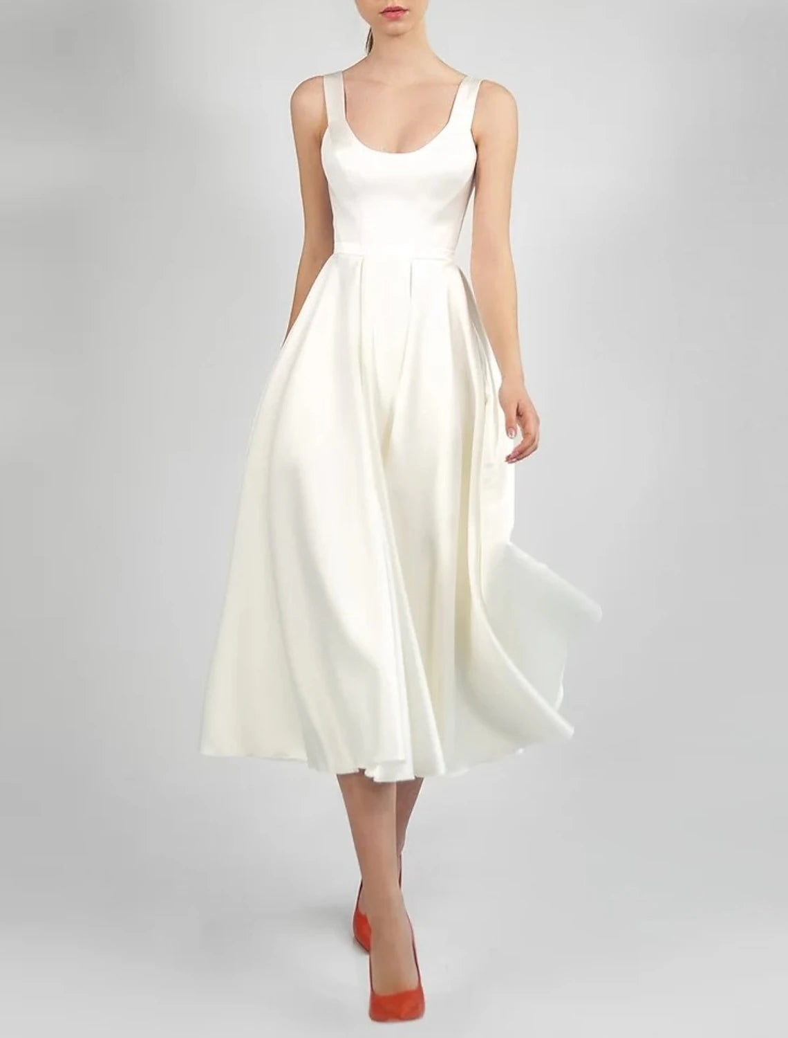 White Dresses Wedding Dresses A-Line Scoop Neck Sleeveless Tea Length Satin Bridal Gowns With Pleats Solid Color