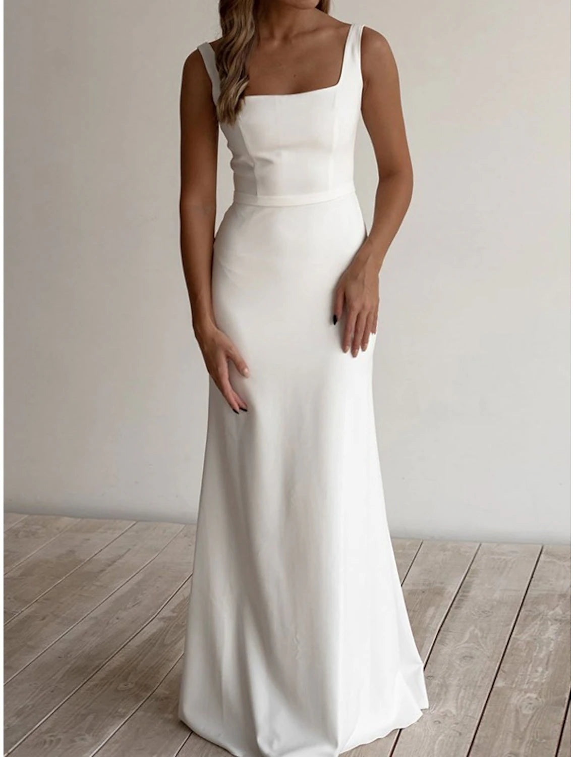 Beach Casual Wedding Dresses Sheath Column Square Neck Sleeveless Floor Length Stretch Fabric Bridal Gowns With Sash