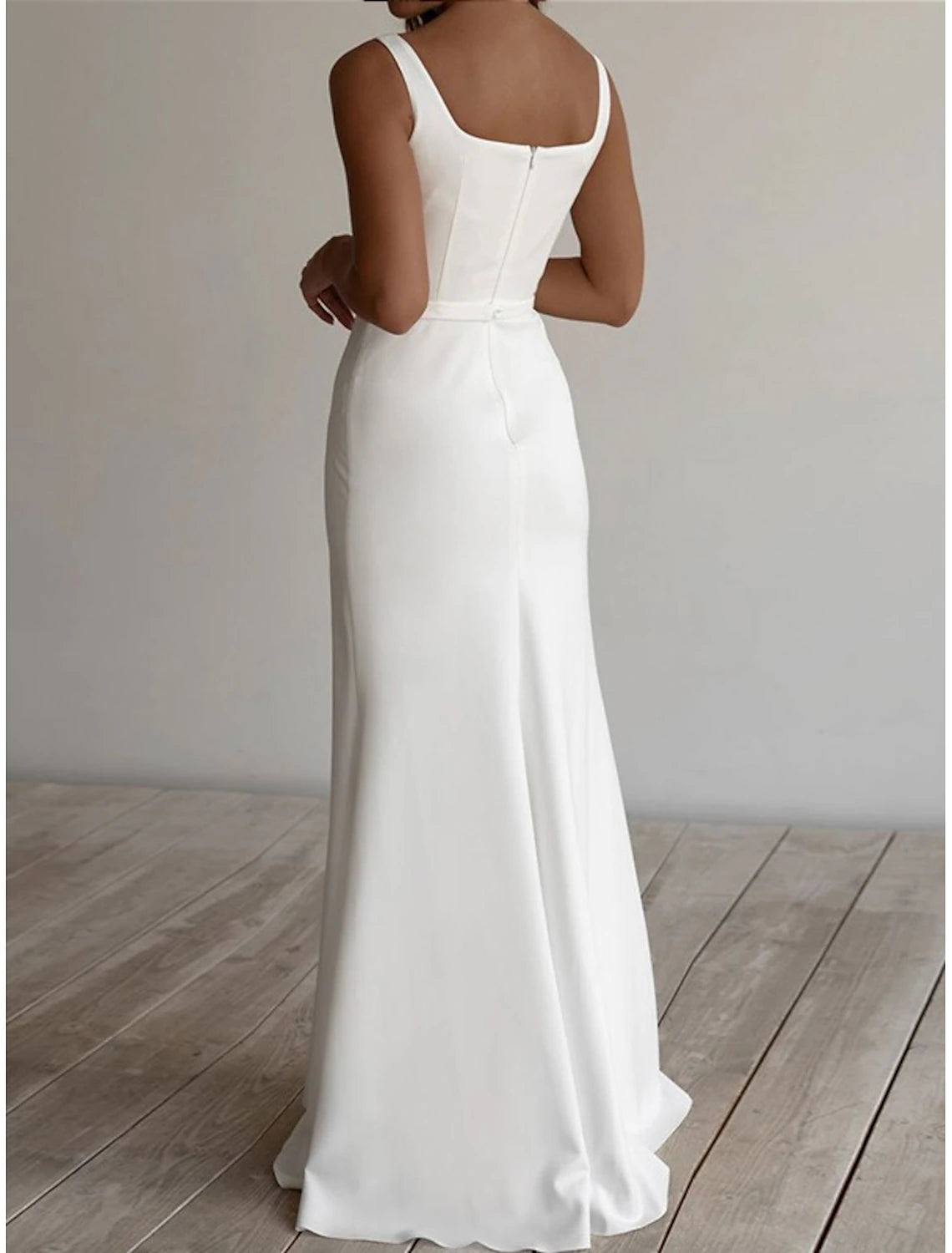 Beach Casual Wedding Dresses Sheath Column Square Neck Sleeveless Floor Length Stretch Fabric Bridal Gowns With Sash