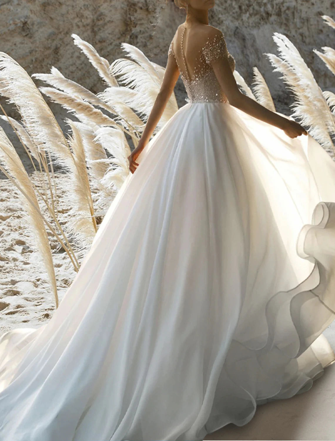 A-Line Off Shoulder Short Sleeve Court Train Chiffon Bridal Gowns With Pleats Beading