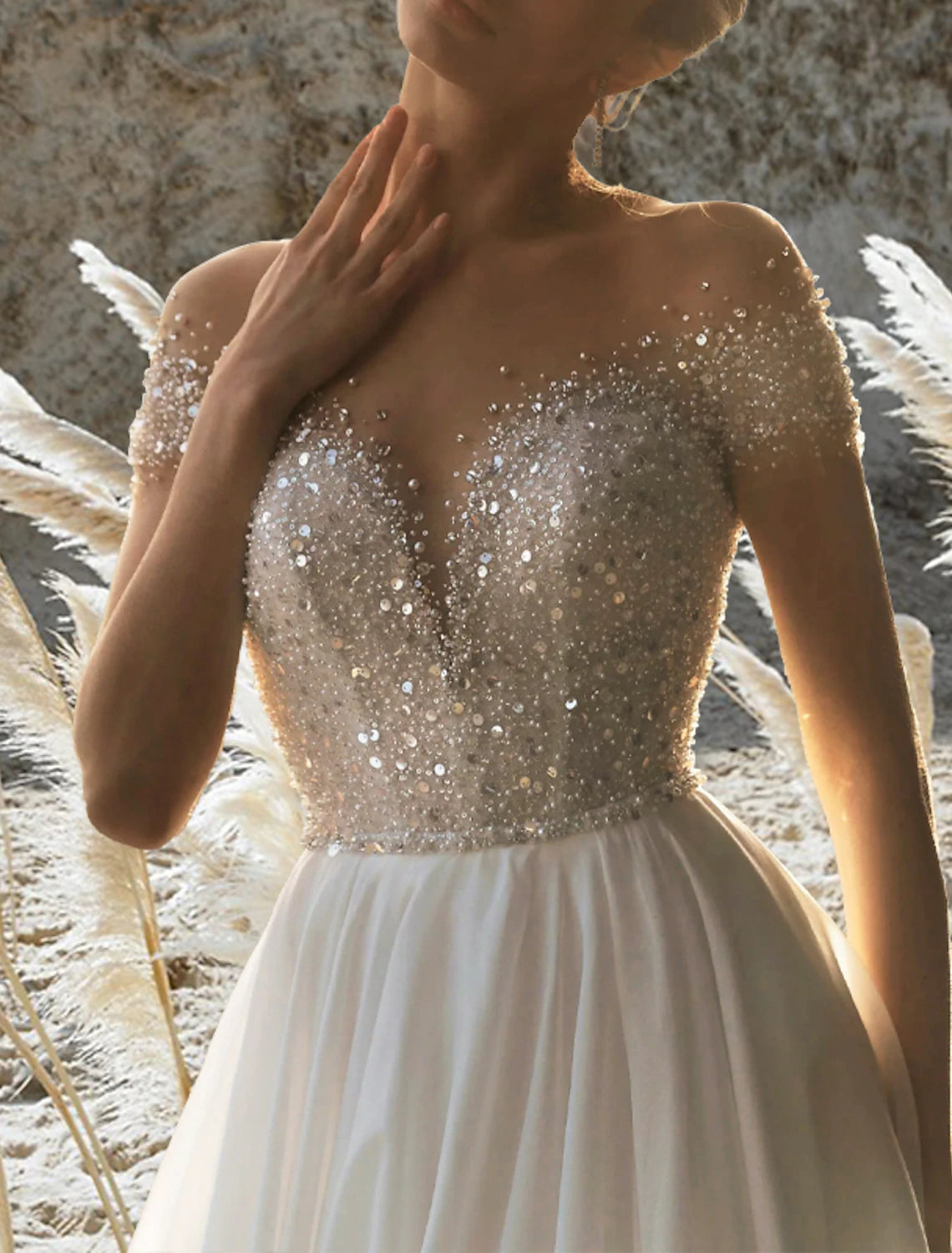 A-Line Off Shoulder Short Sleeve Court Train Chiffon Bridal Gowns With Pleats Beading