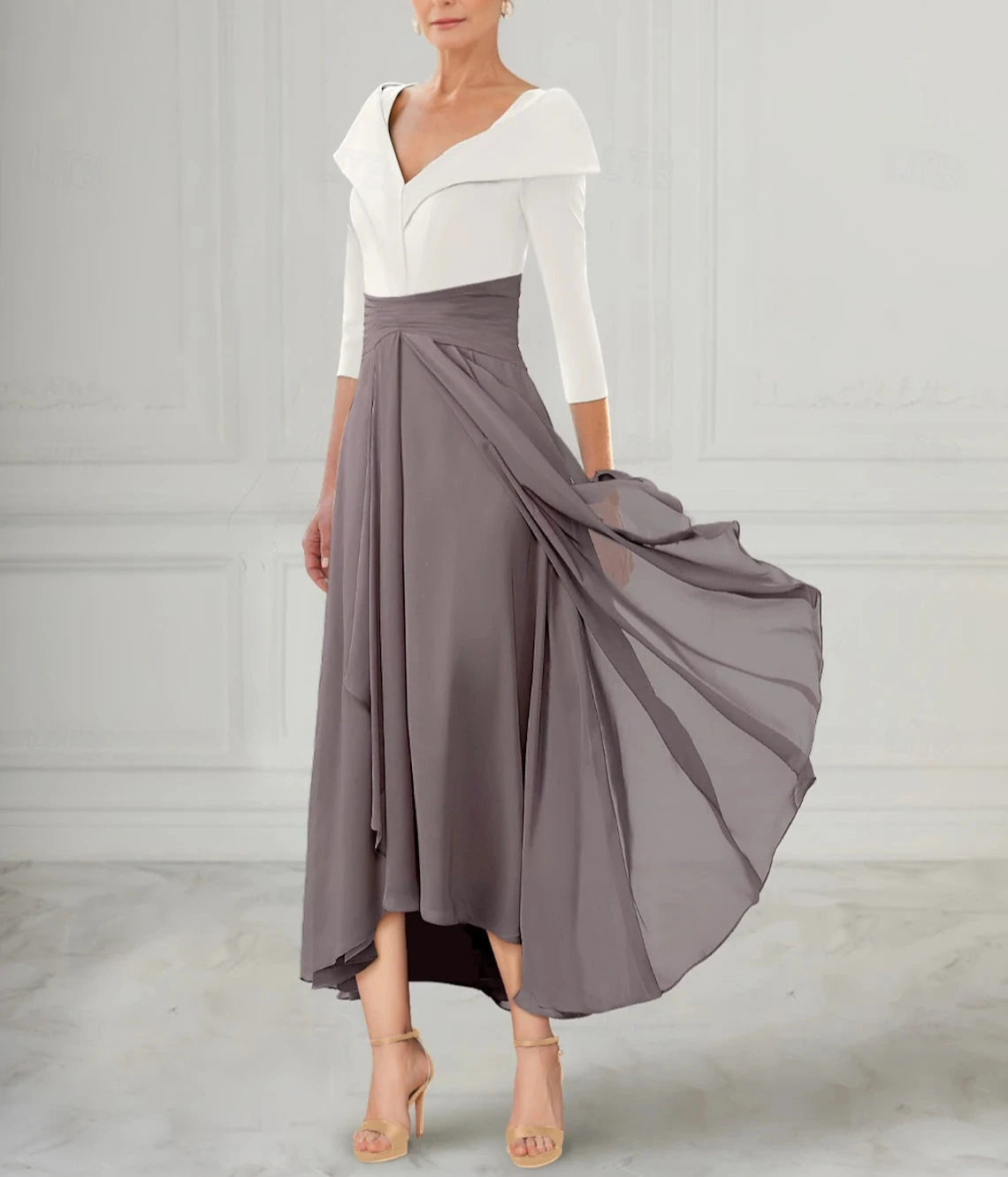 A-Line Mother of the Bride Dress Elegant V Neck Asymmetrical Ankle Length Chiffon 3/4 Length Sleeve with