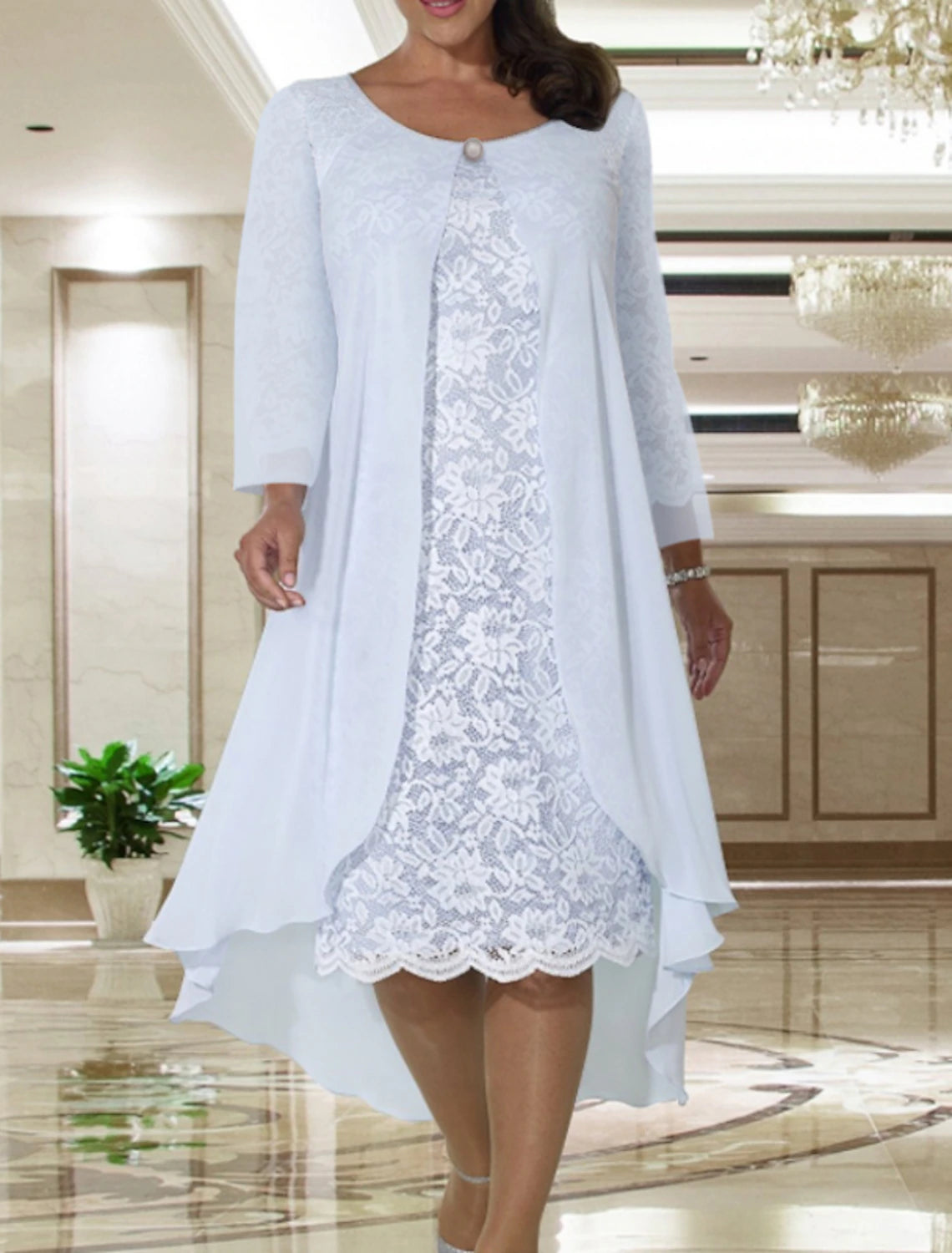 Two Piece A-Line Mother of the Bride Dress Wedding Guest Elegant Plus Size Jewel Neck Tea Length Chiffon Lace Short Sleeve Jacket Dresses with Solid Color