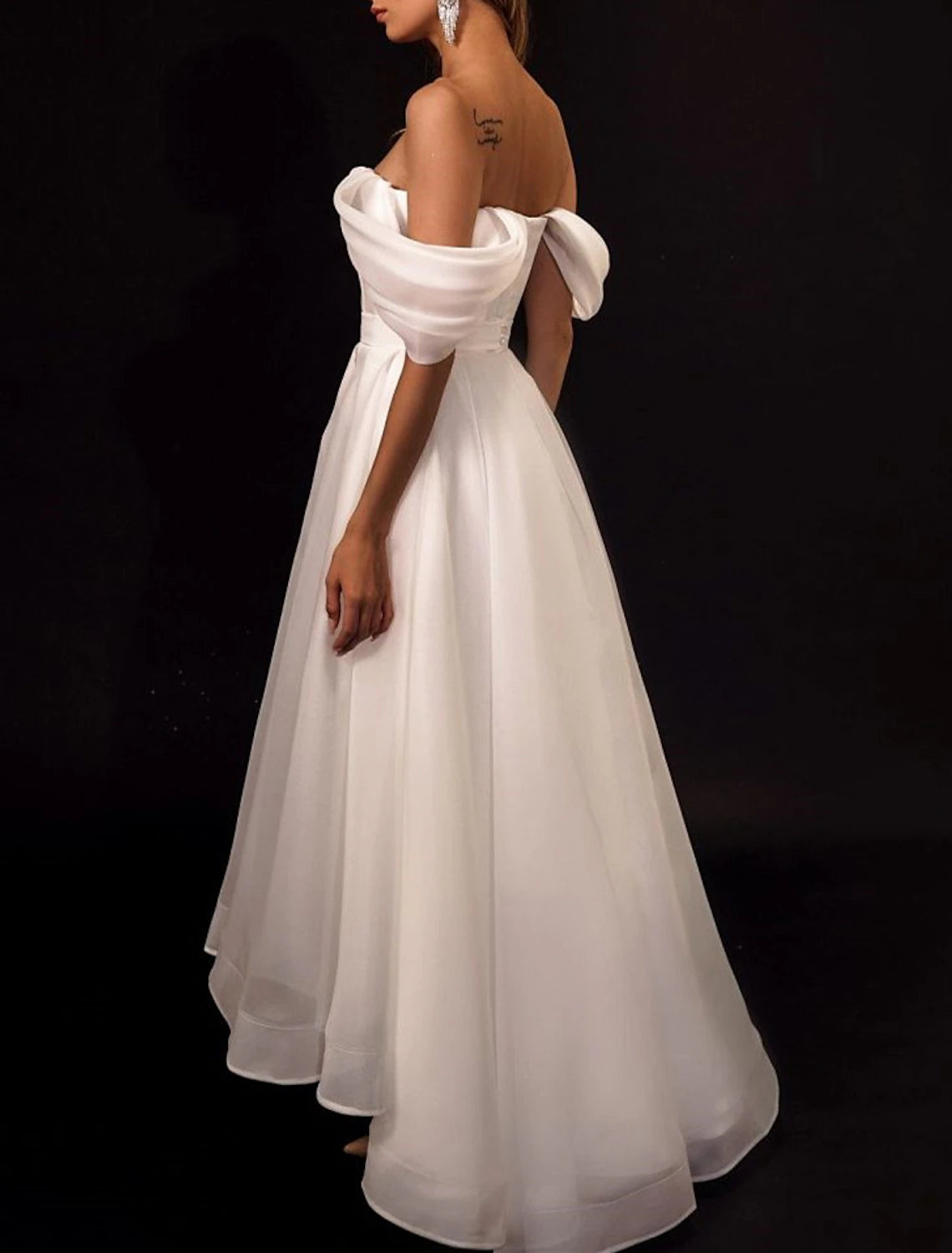 A-Line Off Shoulder Cap Sleeve Asymmetrical Organza Bridal Gowns With