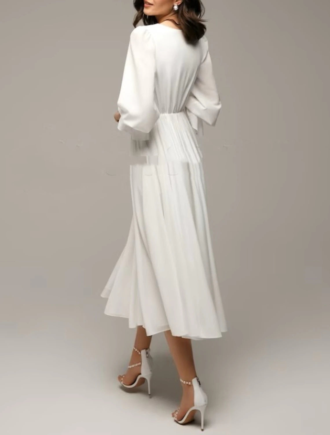 White Dresses Wedding Dresses A-Line V Neck Sleeveless Tea Length Chiffon Bridal Gowns With