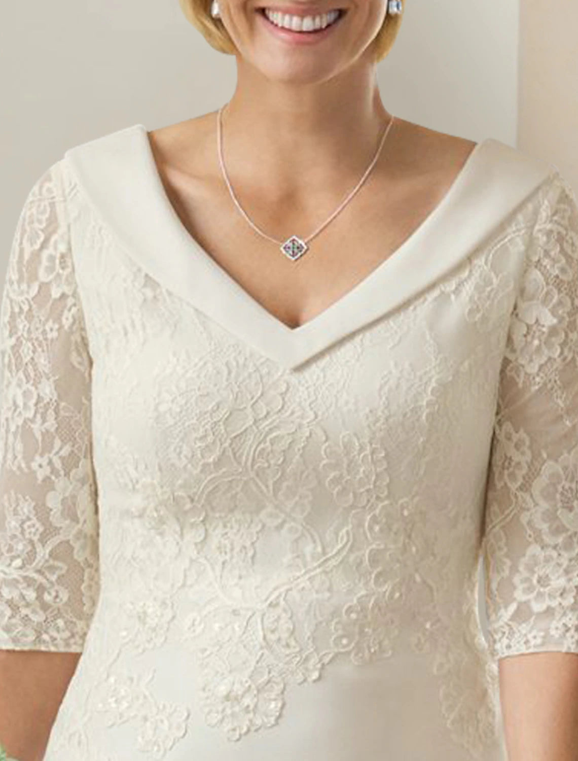 Mature Modest Wedding Dresses Sheath Column V Neck Half Sleeve Floor Length Chiffon Bridal Gowns With Appliques Solid Color