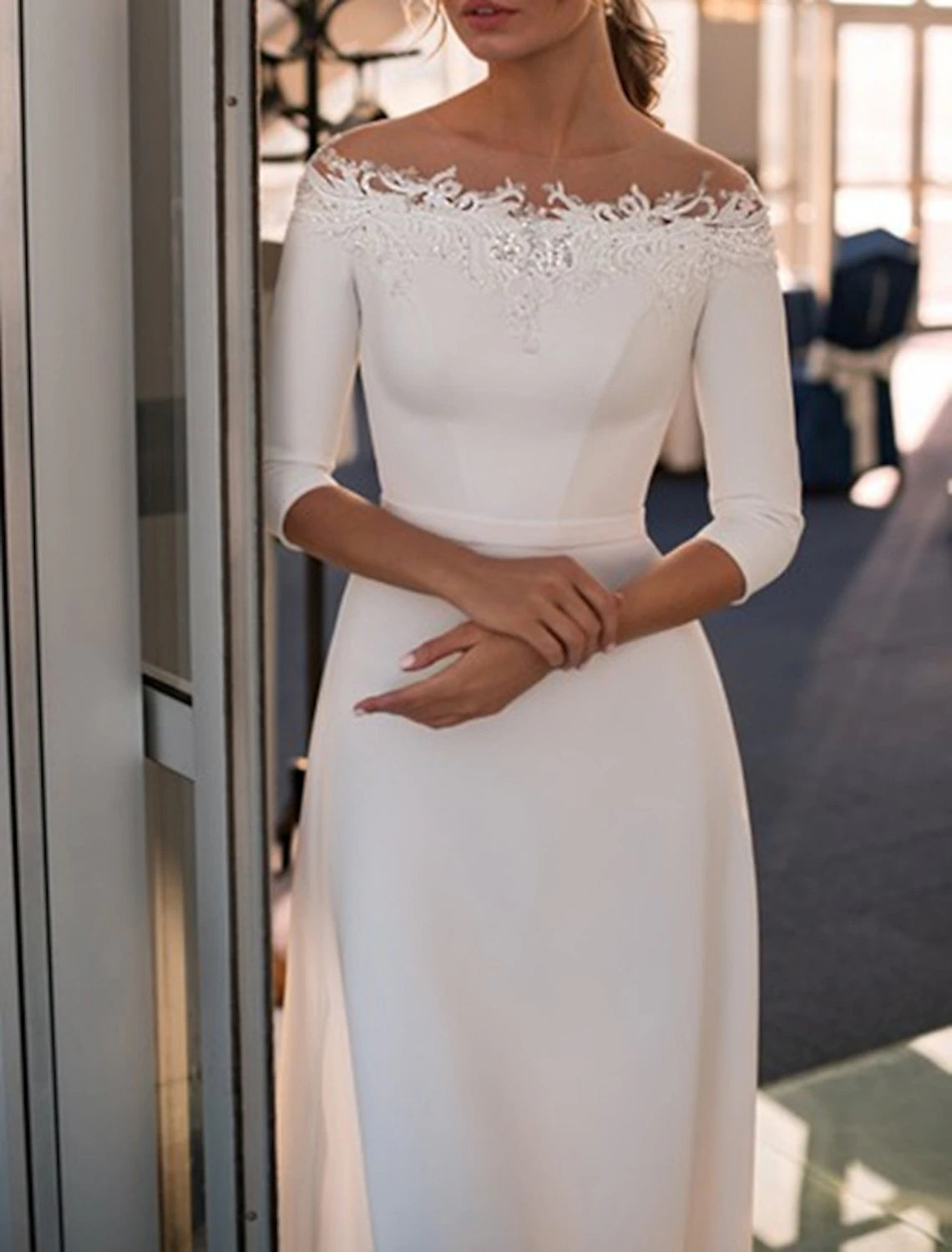 A-Line Off Shoulder 3/4 Length Sleeve Sweep Brush Train Lace Bridal Gowns With