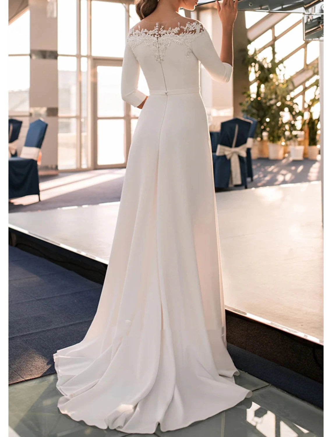 A-Line Off Shoulder 3/4 Length Sleeve Sweep Brush Train Lace Bridal Gowns With