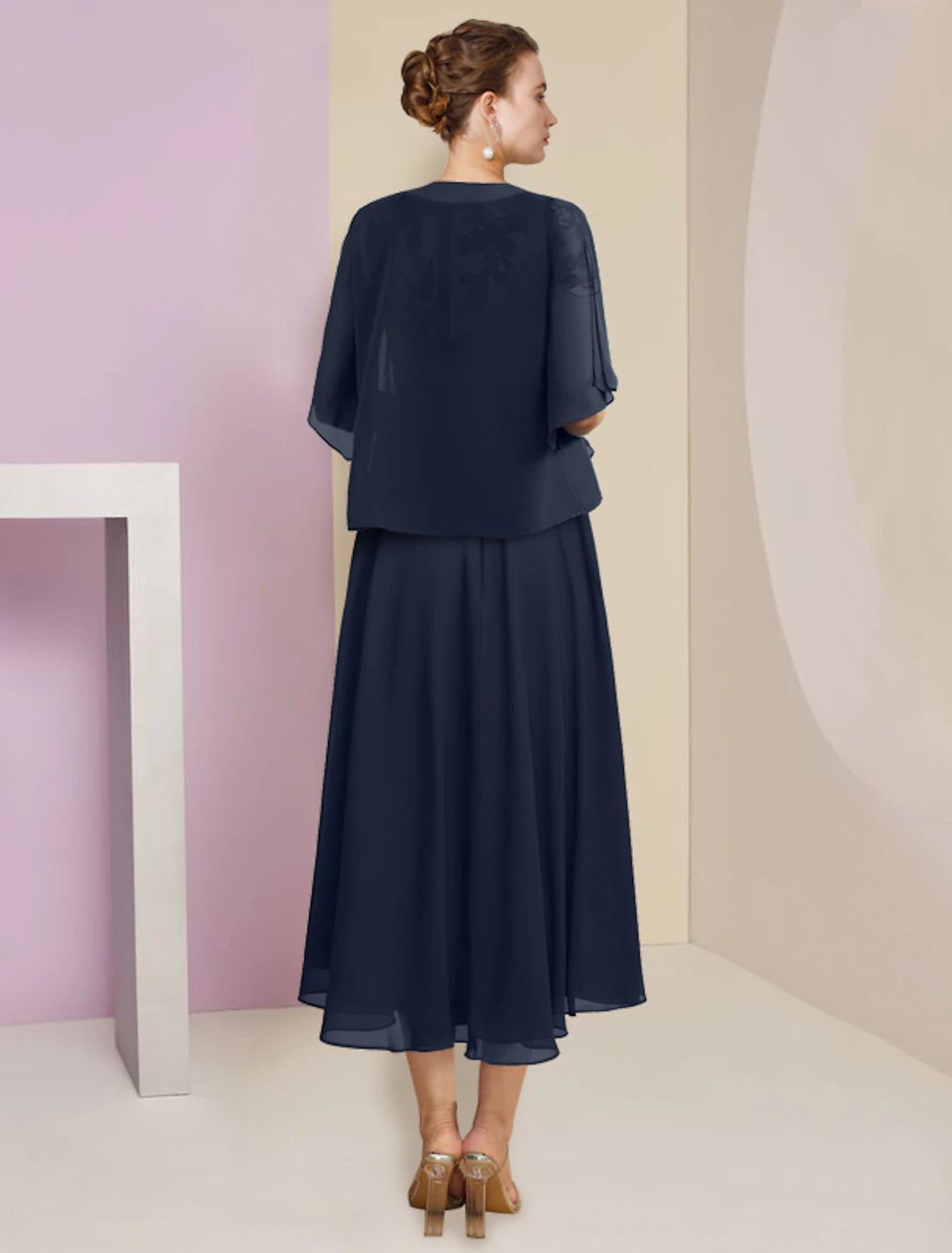 Two Piece A-Line Mother of the Bride Dress Formal Wedding Guest Elegant Scoop Neck Tea Length Chiffon Lace Short Sleeve Wrap Included with Pleats Sequin Appliques
