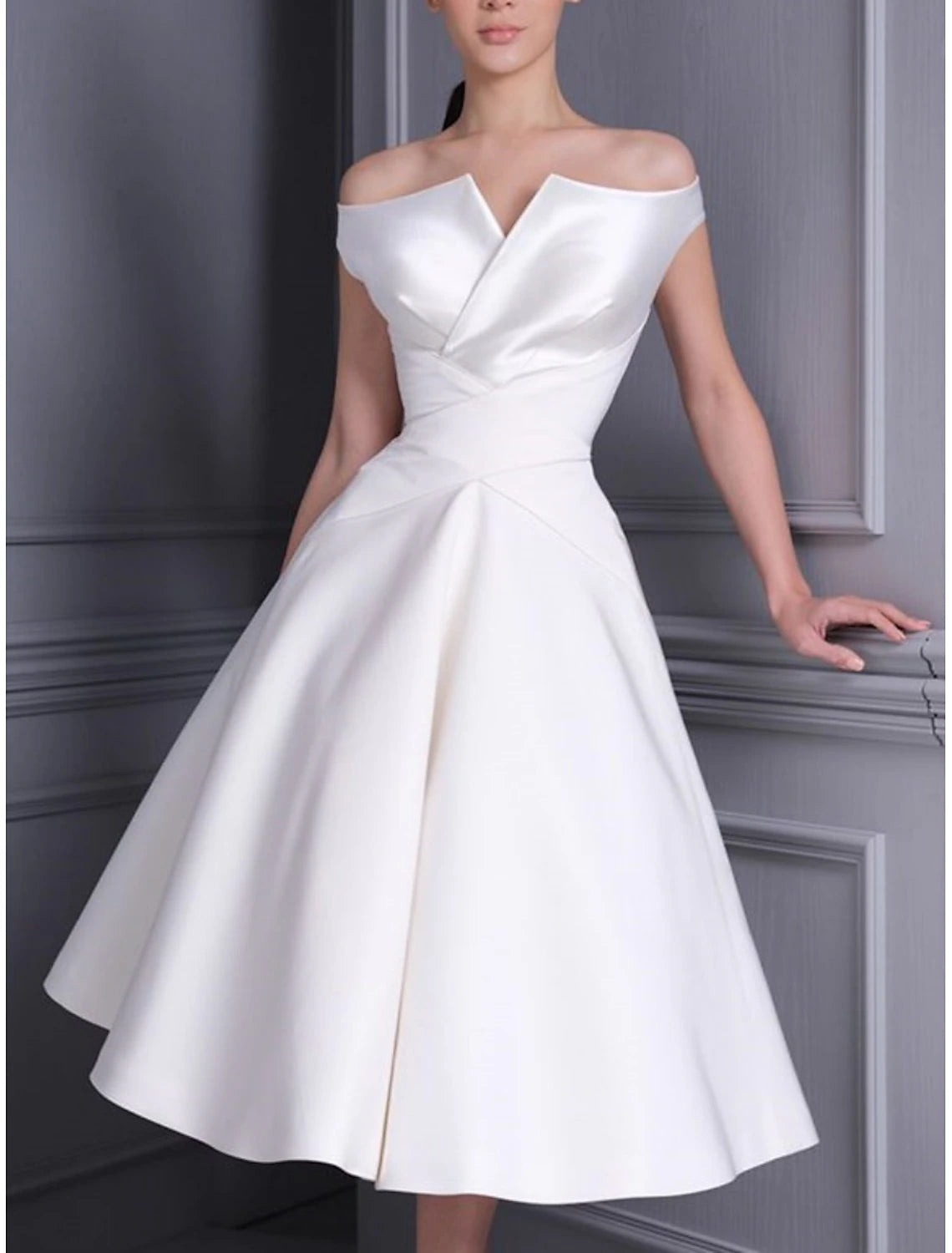 A-Line Off Shoulder Cap Sleeve Tea Length Satin Bridal Gowns With Pleats Solid Color