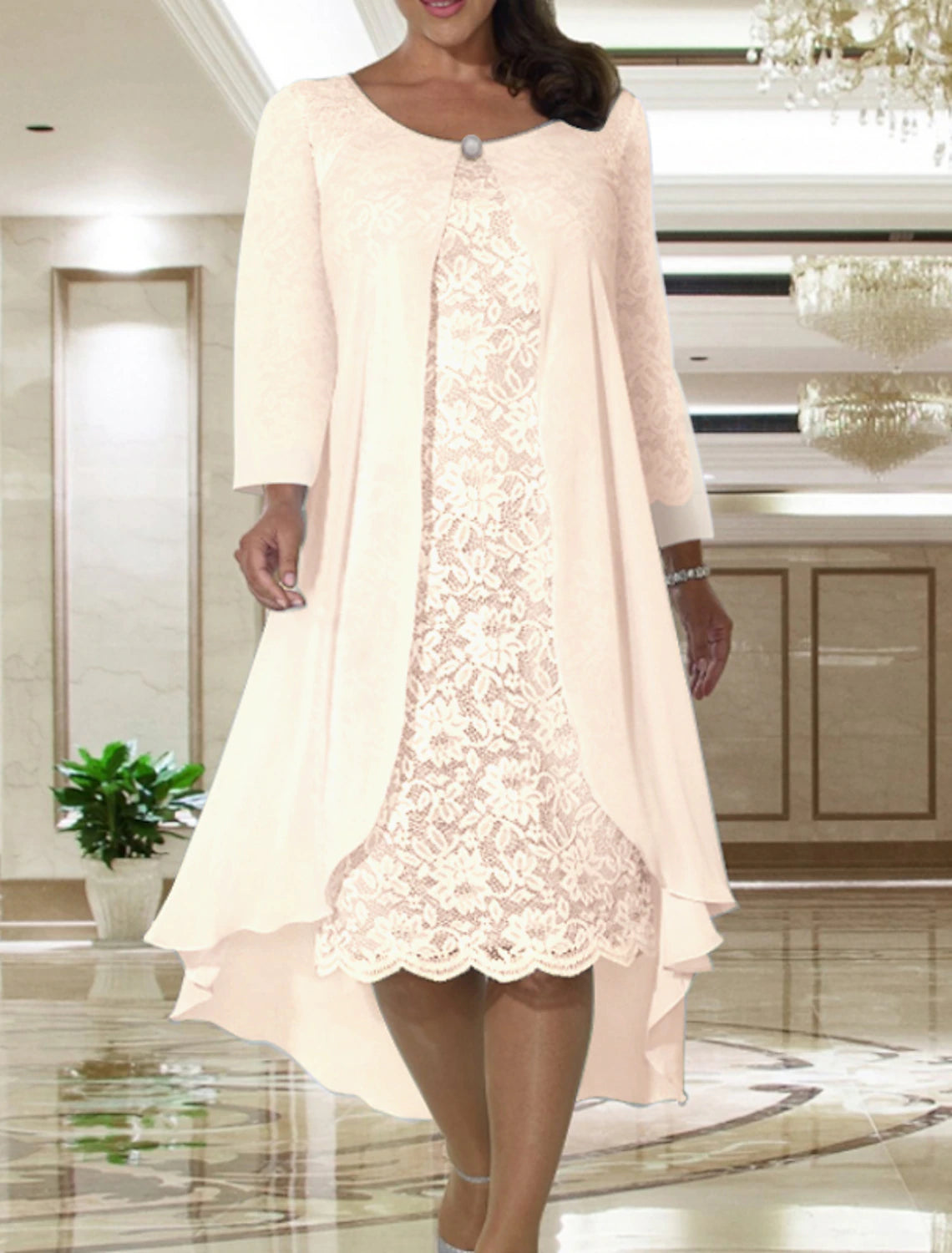 Two Piece A-Line Mother of the Bride Dress Wedding Guest Elegant Plus Size Jewel Neck Tea Length Chiffon Lace Short Sleeve Jacket Dresses with Solid Color