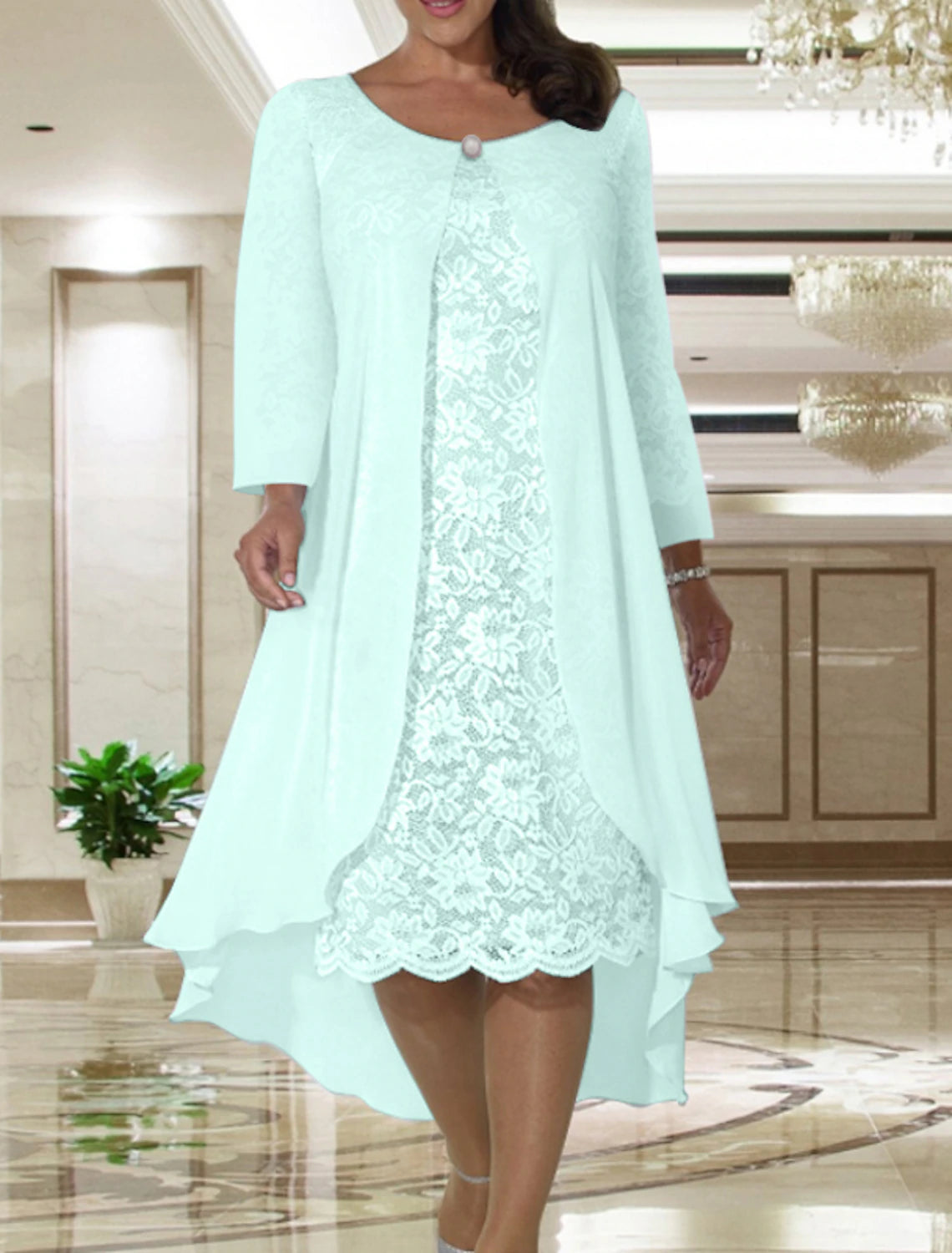Two Piece A-Line Mother of the Bride Dress Wedding Guest Elegant Plus Size Jewel Neck Tea Length Chiffon Lace Short Sleeve Jacket Dresses with Solid Color