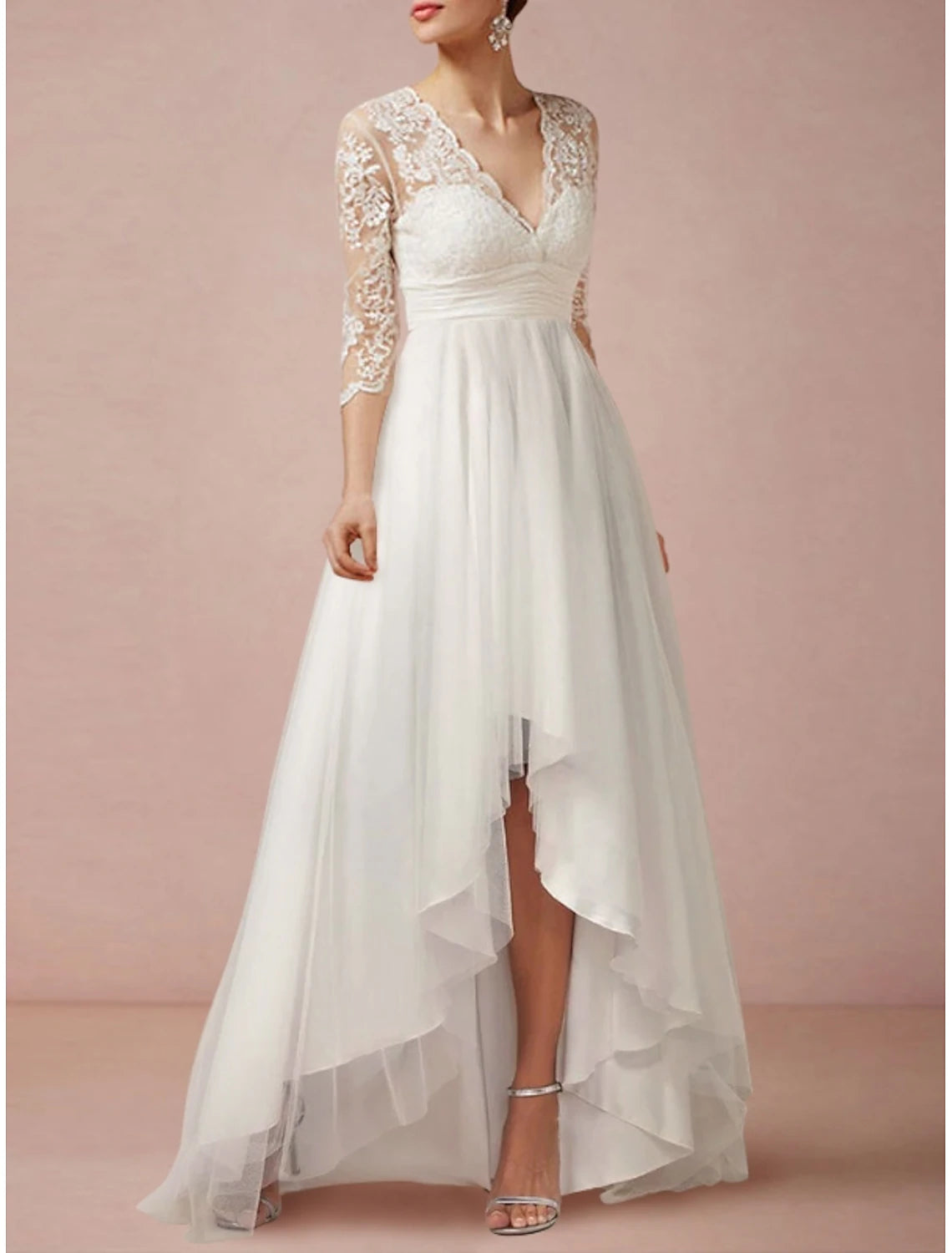 Mature Wedding Dresses Sheath Column V Neck 3/4 Length Sleeve Asymmetrical Chiffon Bridal Gowns With Pleats Ruched