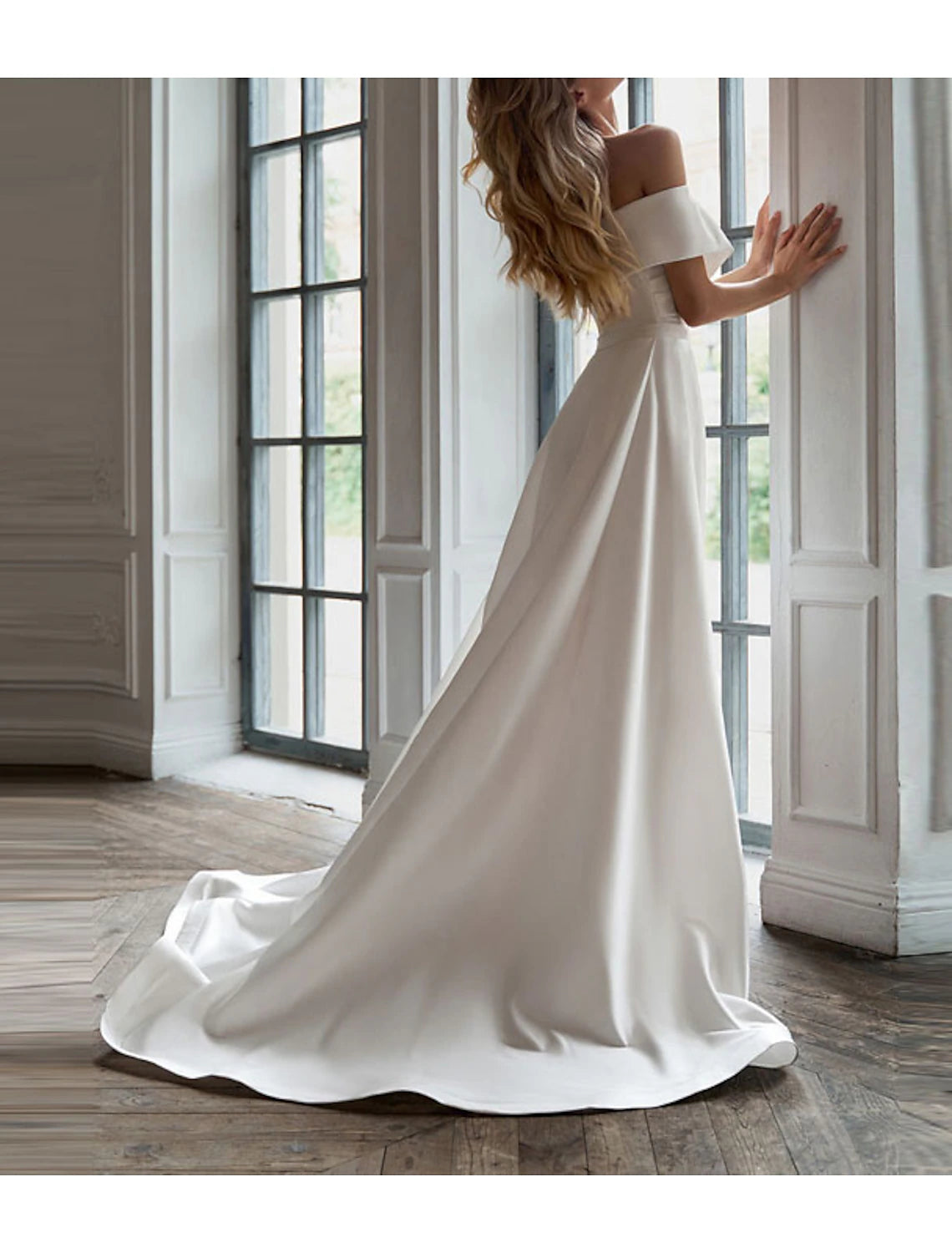 White Dresses Wedding Dresses Two Piece Off Shoulder Short Sleeve Sweep Brush Train Satin Bridal Suits Bridal Gowns With Ruched