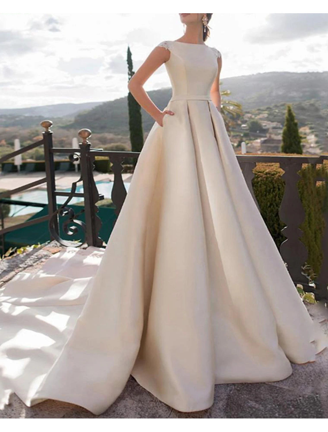 A-Line Scoop Neck Sleeveless Court Train Satin Bridal Gowns With Pearls Appliques