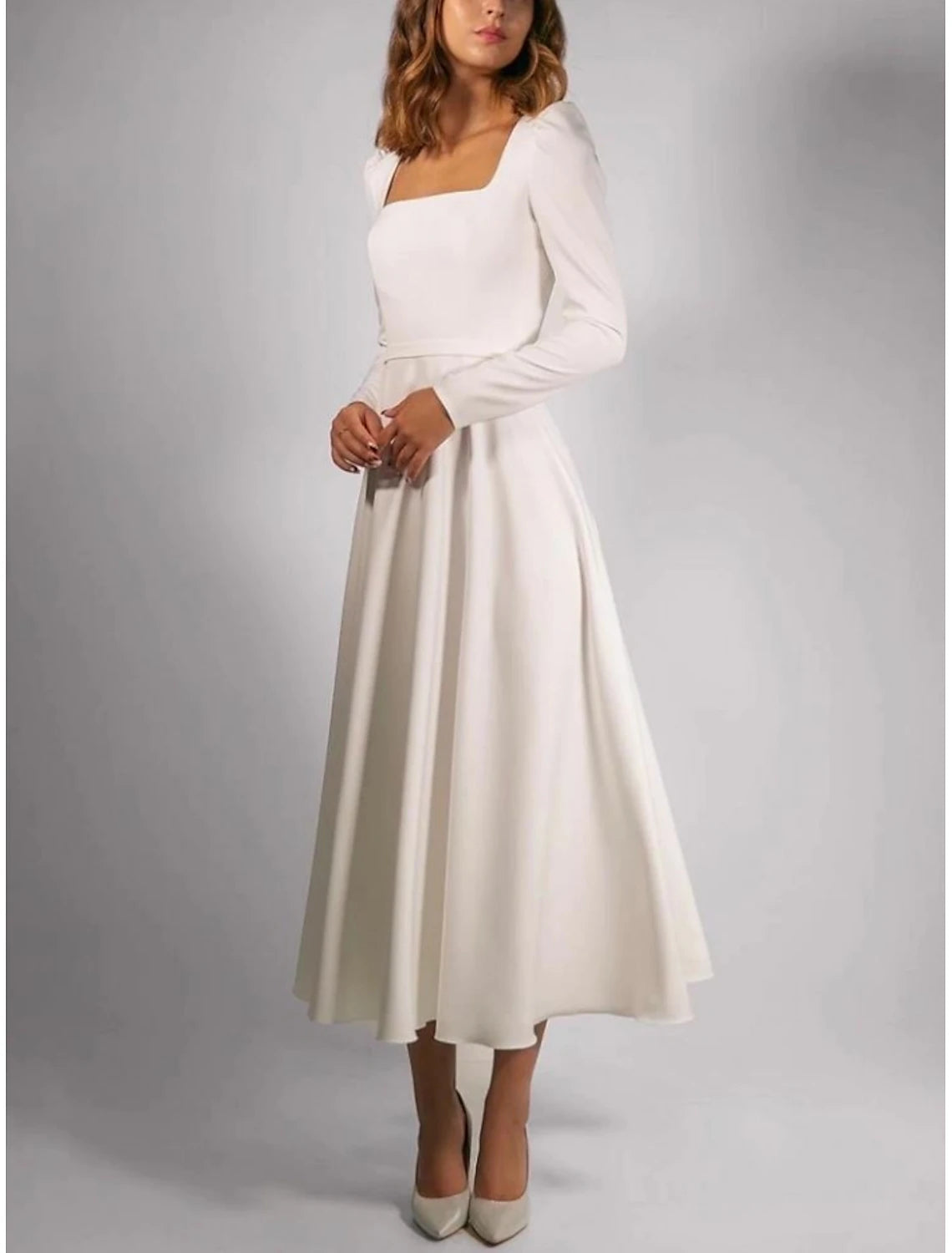 A-Line Square Neck Long Sleeve Tea Length Stretch Fabric Bridal Gowns With Pleats Solid Color