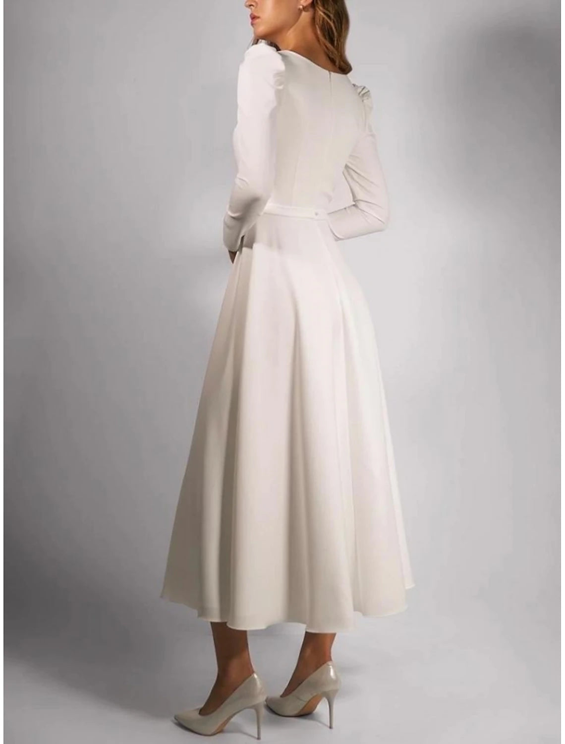 A-Line Square Neck Long Sleeve Tea Length Stretch Fabric Bridal Gowns With Pleats Solid Color