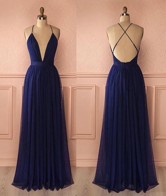 V neck dark blue tulle long prom dress Evening dress