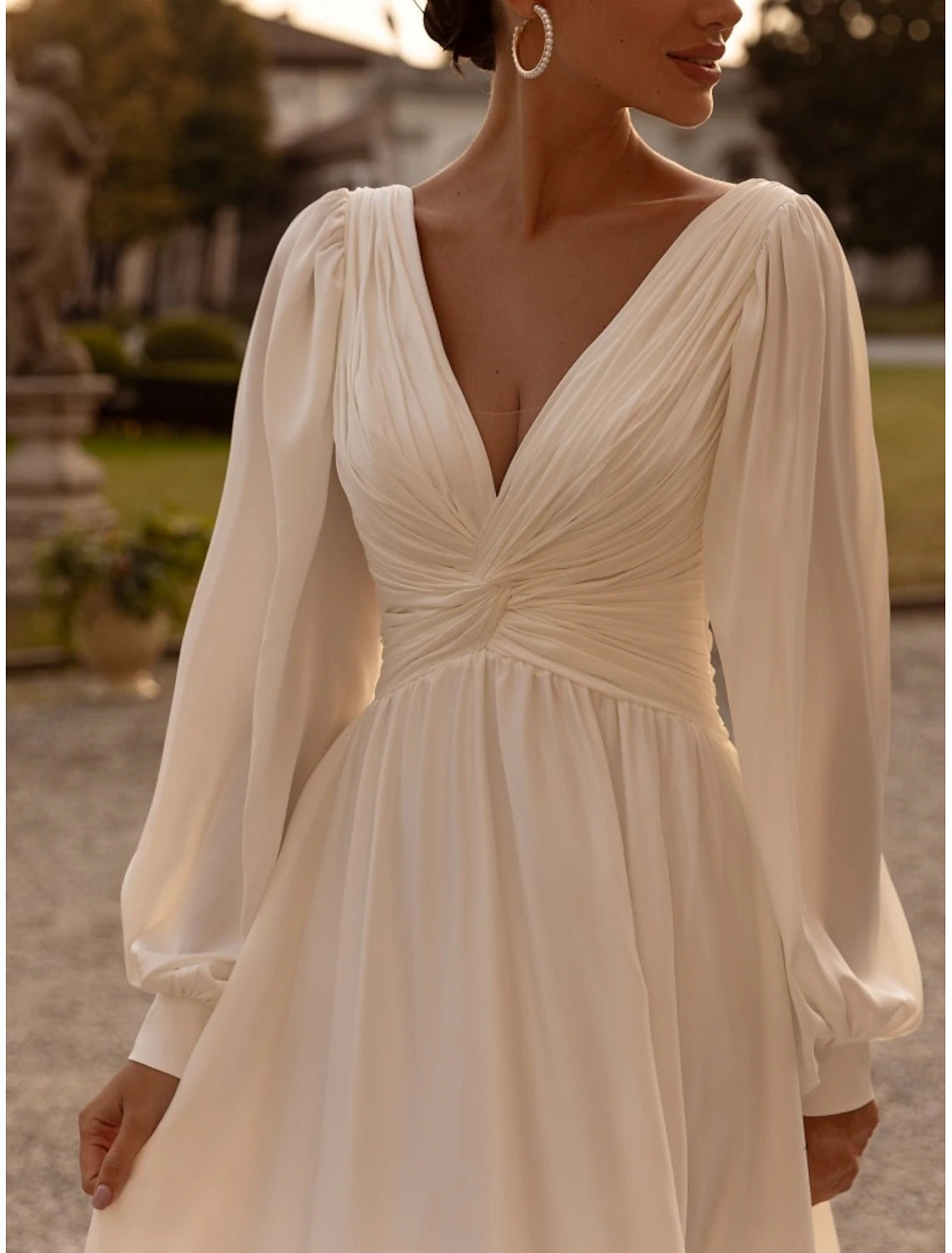 Formal Wedding Dresses A-Line V Neck Long Sleeve Court Train Chiffon Bridal Gowns With Pleats Ruched