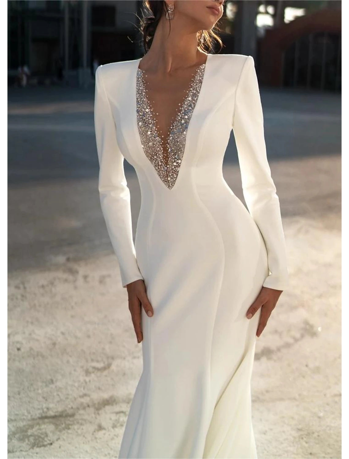 Formal Wedding Dresses Mermaid Trumpet V Neck Long Sleeve Sweep Brush Train Chiffon Bridal Gowns With Beading Solid Color