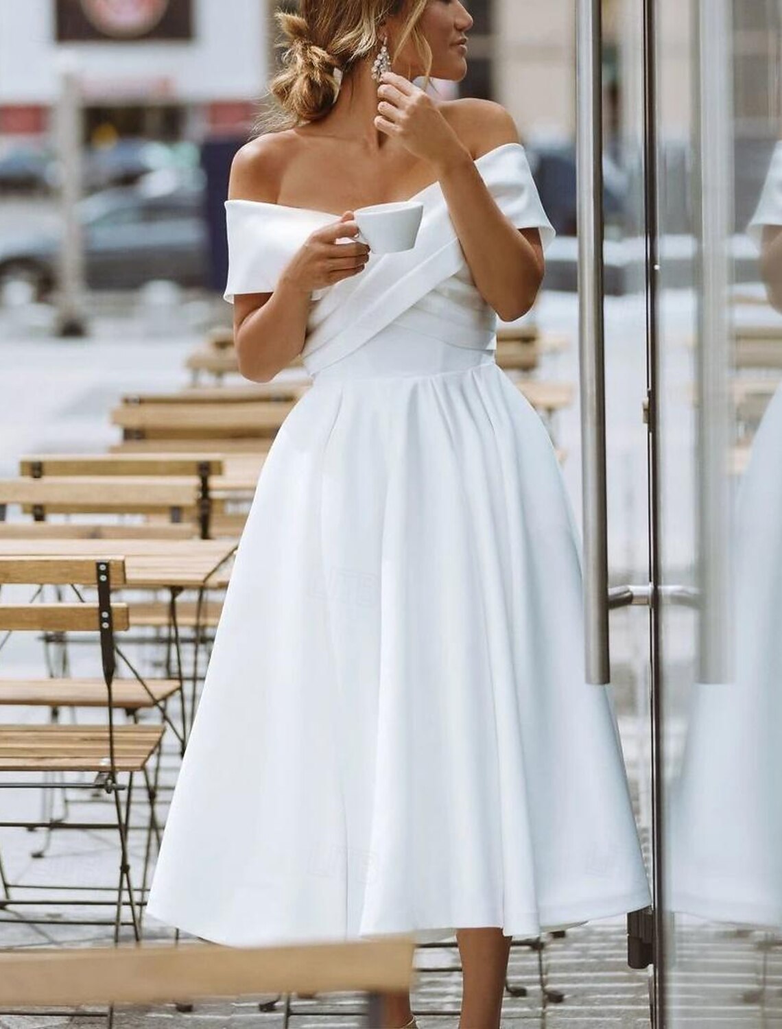White Dresses Formal Wedding Dresses A-Line Off Shoulder Short Sleeve Tea Length Satin Bridal Gowns With