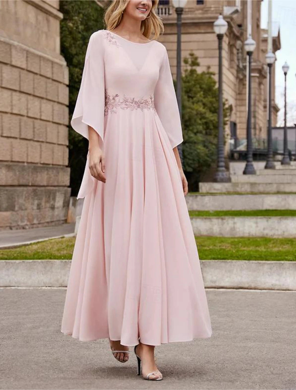 A-Line Mother of the Bride Dress Formal Wedding Guest Elegant Bateau Neck Ankle Length Chiffon 3/4 Length Sleeve with