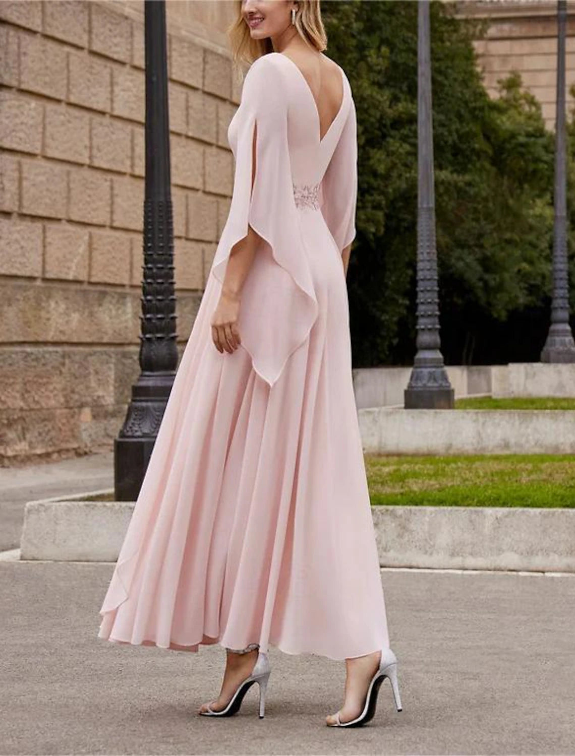 A-Line Mother of the Bride Dress Formal Wedding Guest Elegant Bateau Neck Ankle Length Chiffon 3/4 Length Sleeve with