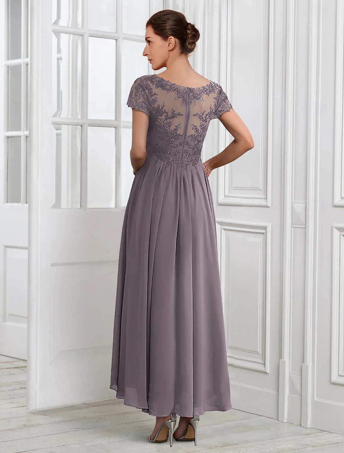 Two Piece A-Line Mother of the Bride Dress Formal Wedding Guest Elegant V Neck Tea Length Chiffon Lace Short Sleeve Jacket Dresses with Pleats Appliques