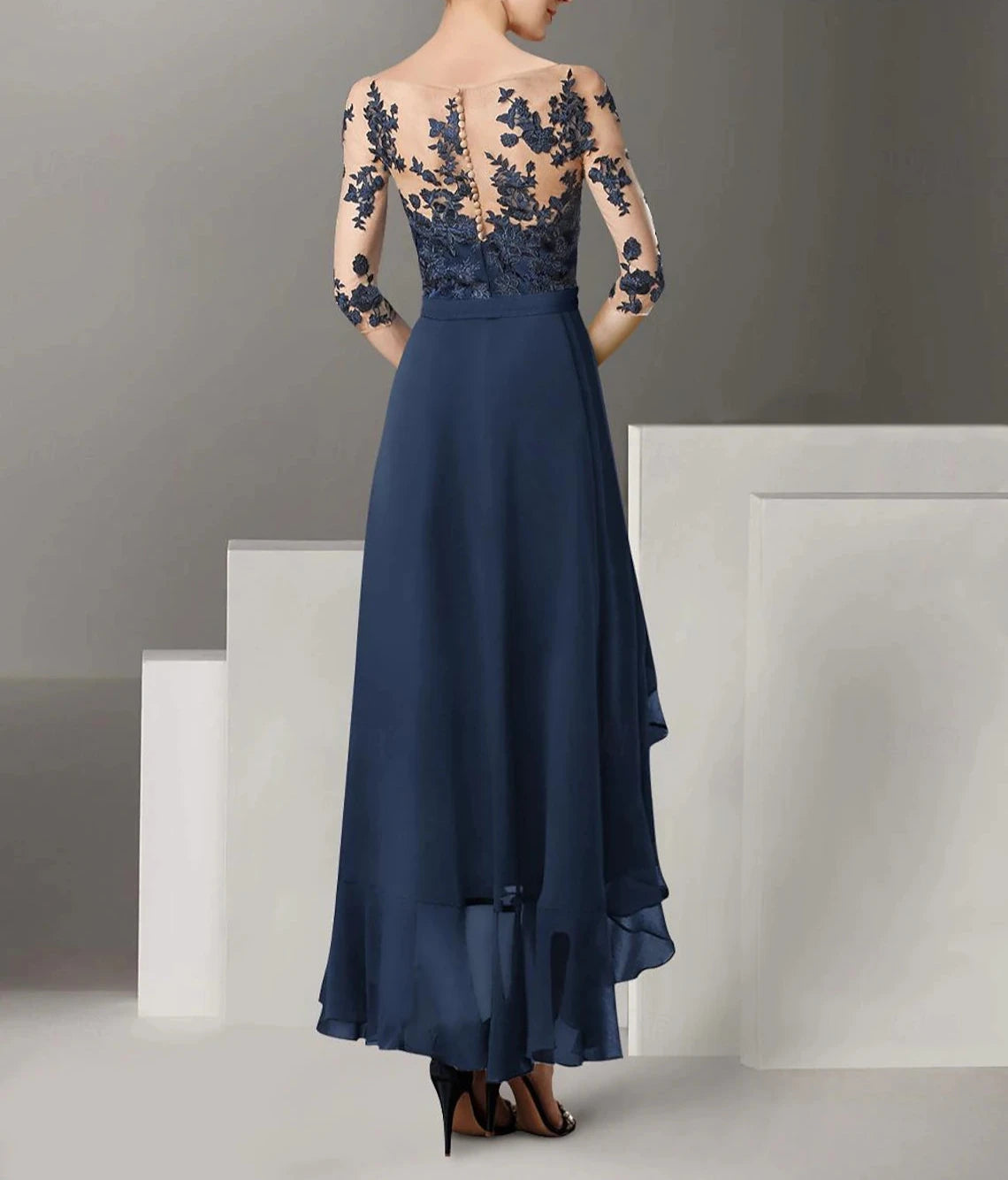 A-Line Mother of the Bride Dress Formal Wedding Guest Elegant High Low Off Shoulder Ankle Length Chiffon Lace Half Sleeve with