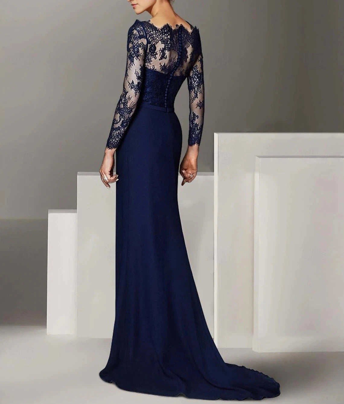 Mermaid / Trumpet Mother of the Bride Dress Formal Wedding Guest Elegant Off Shoulder Floor Length Lace Stretch Chiffon Long Sleeve with