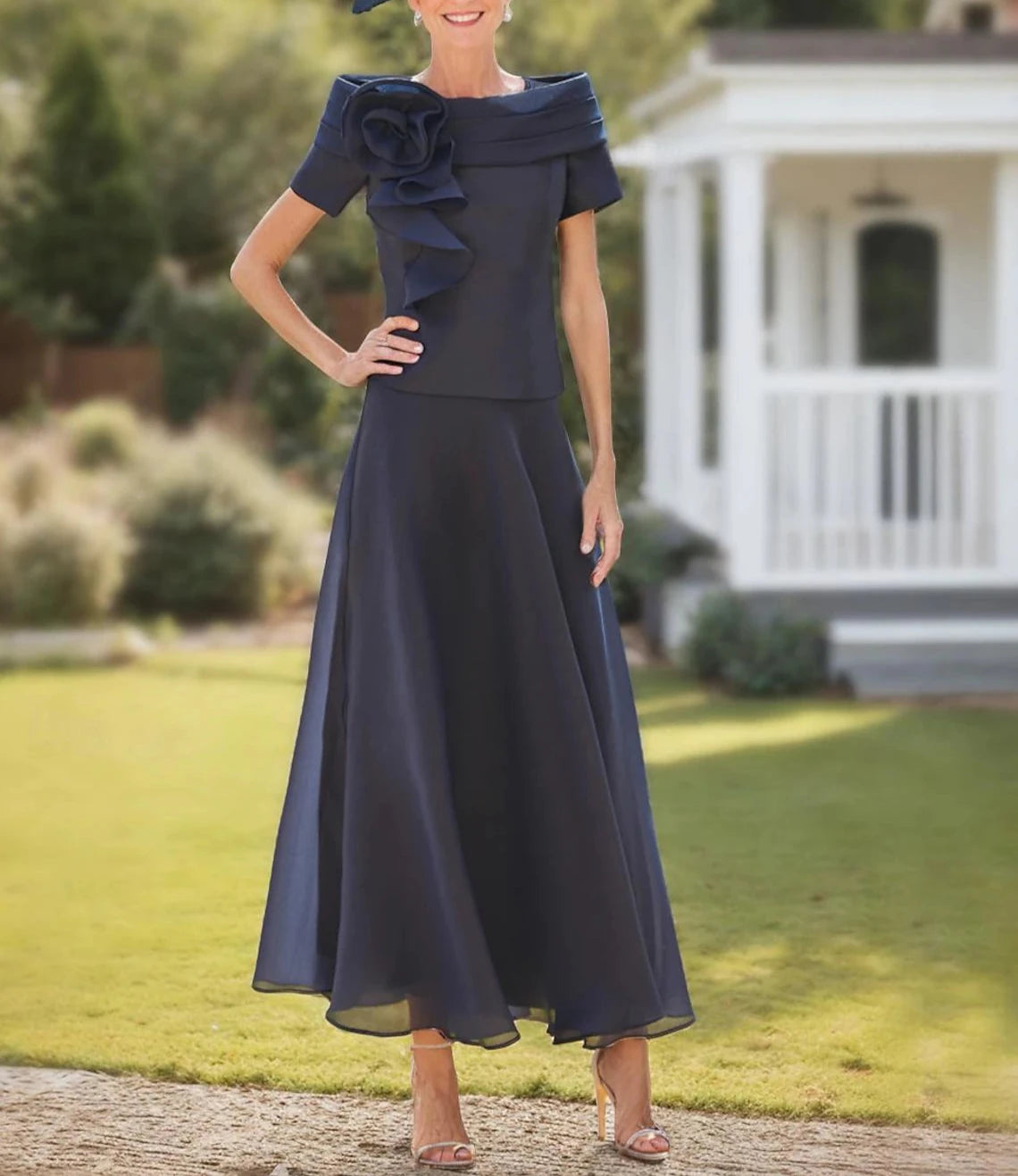 A-Line Mother of the Bride Dress Formal Wedding Guest Elegant Petite Off Shoulder Ankle Length Organza Short Sleeve with