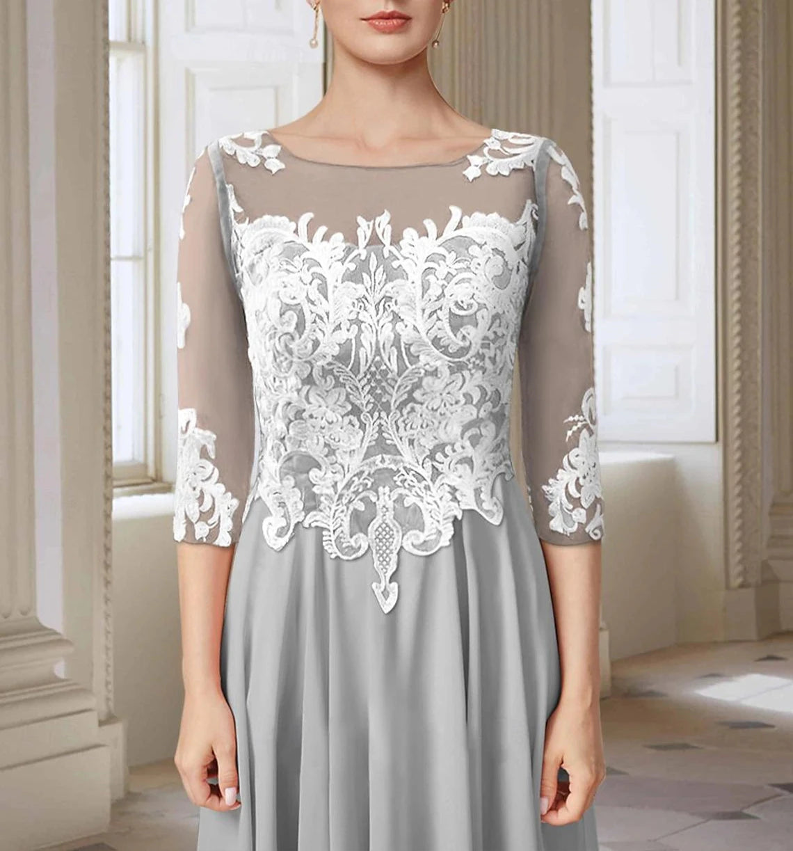 A-Line Mother of the Bride Dress Elegant Jewel Neck Asymmetrical Ankle Length Chiffon Lace 3/4 Length Sleeve with