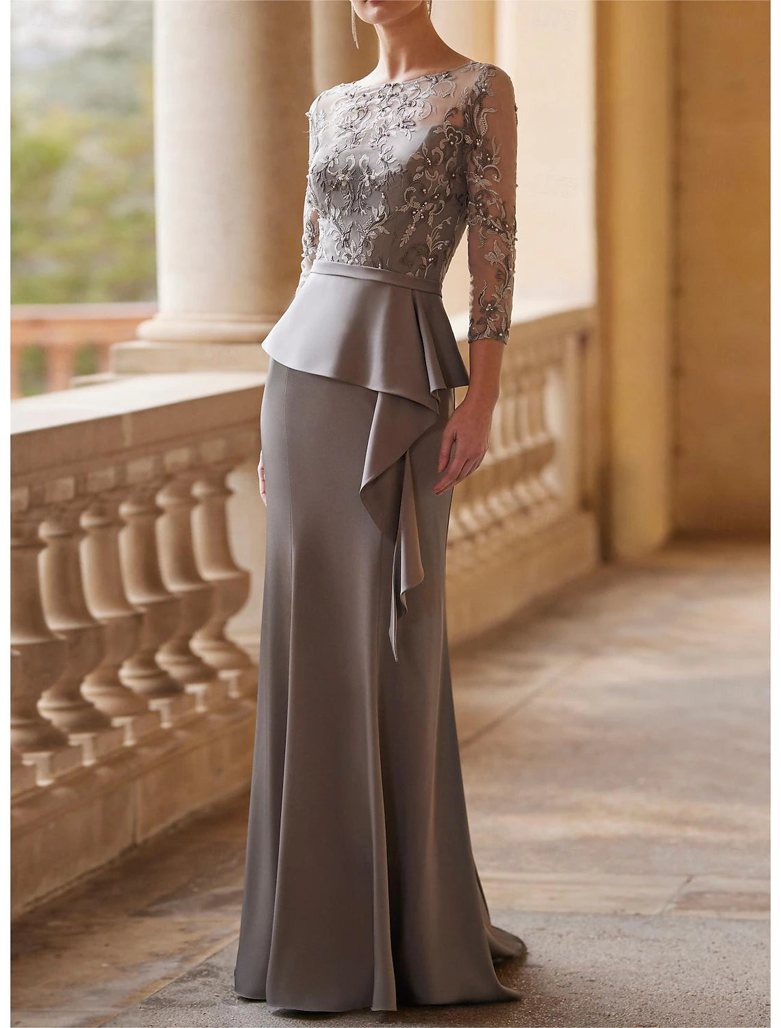 Mermaid / Trumpet Mother of the Bride Dress Wedding Guest Elegant Vintage Party Illusion Neck Floor Length Lace Stretch Fabric 3/4 Length Sleeve Half Sleeve with Sash / Ribbon Ruched Beading