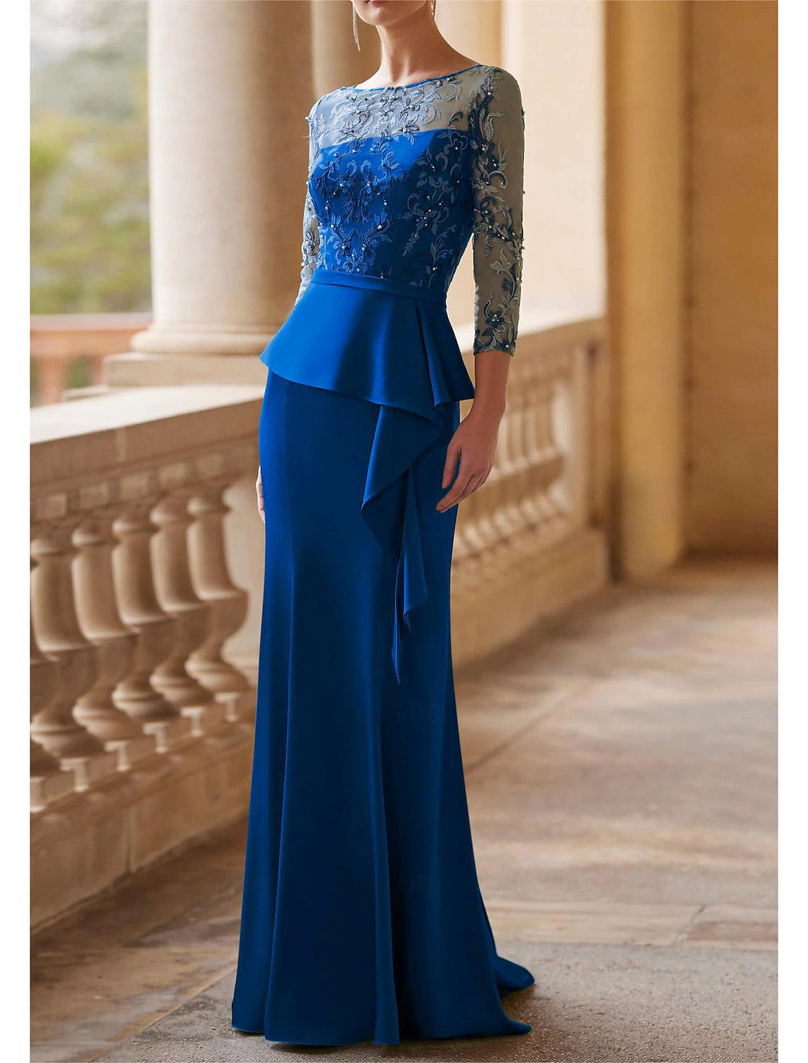 Mermaid / Trumpet Mother of the Bride Dress Wedding Guest Elegant Vintage Party Illusion Neck Floor Length Lace Stretch Fabric 3/4 Length Sleeve Half Sleeve with Sash / Ribbon Ruched Beading