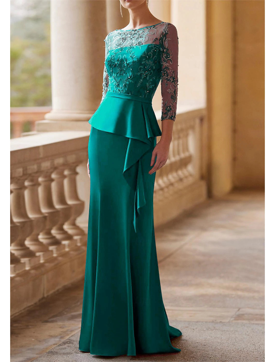 Mermaid / Trumpet Mother of the Bride Dress Wedding Guest Elegant Vintage Party Illusion Neck Floor Length Lace Stretch Fabric 3/4 Length Sleeve Half Sleeve with Sash / Ribbon Ruched Beading