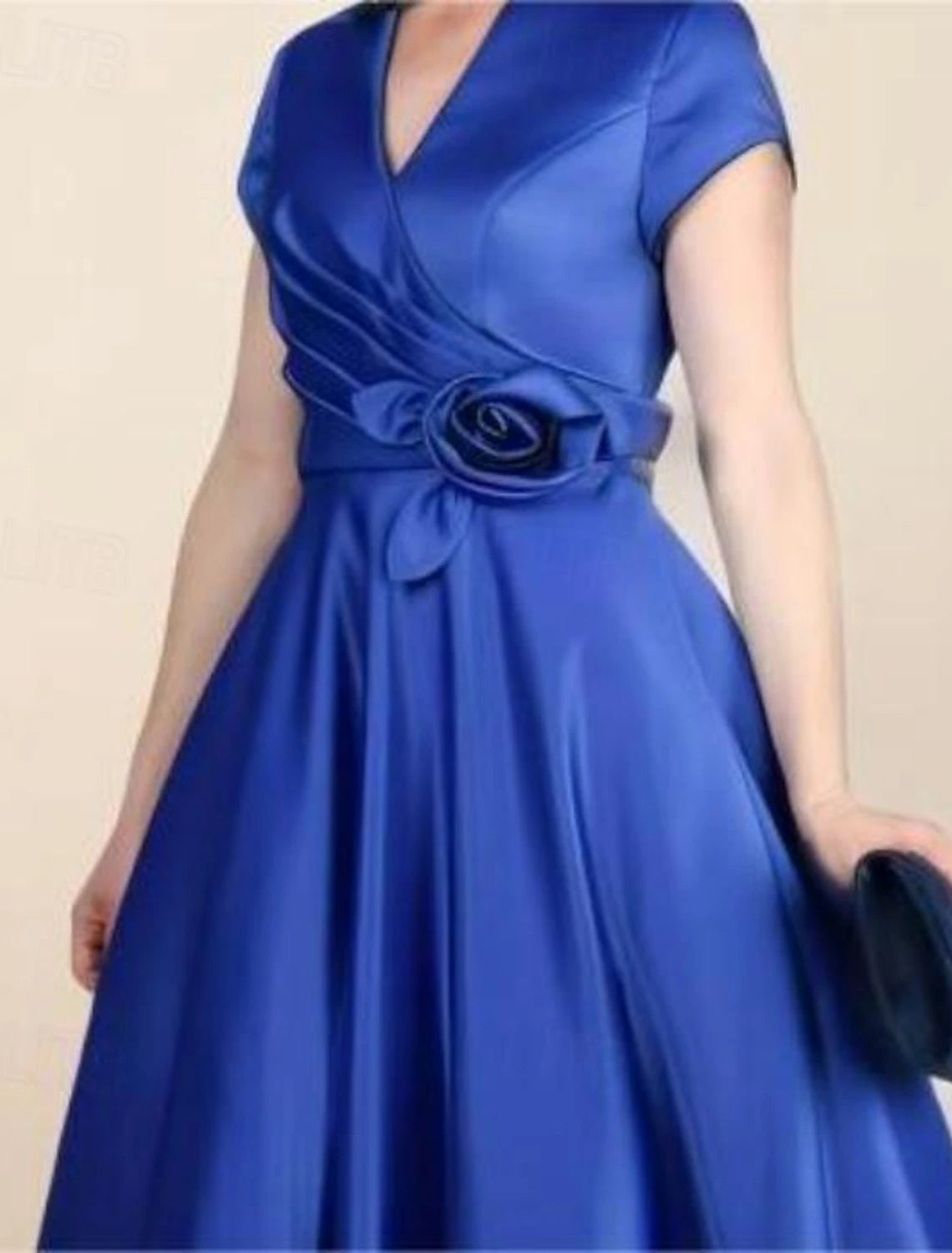 Ball Gown A-Line Mother of the Bride Dress Elegant Vintage Party V Neck Tea Length Satin Short Sleeve with Ruched Ruching Flower