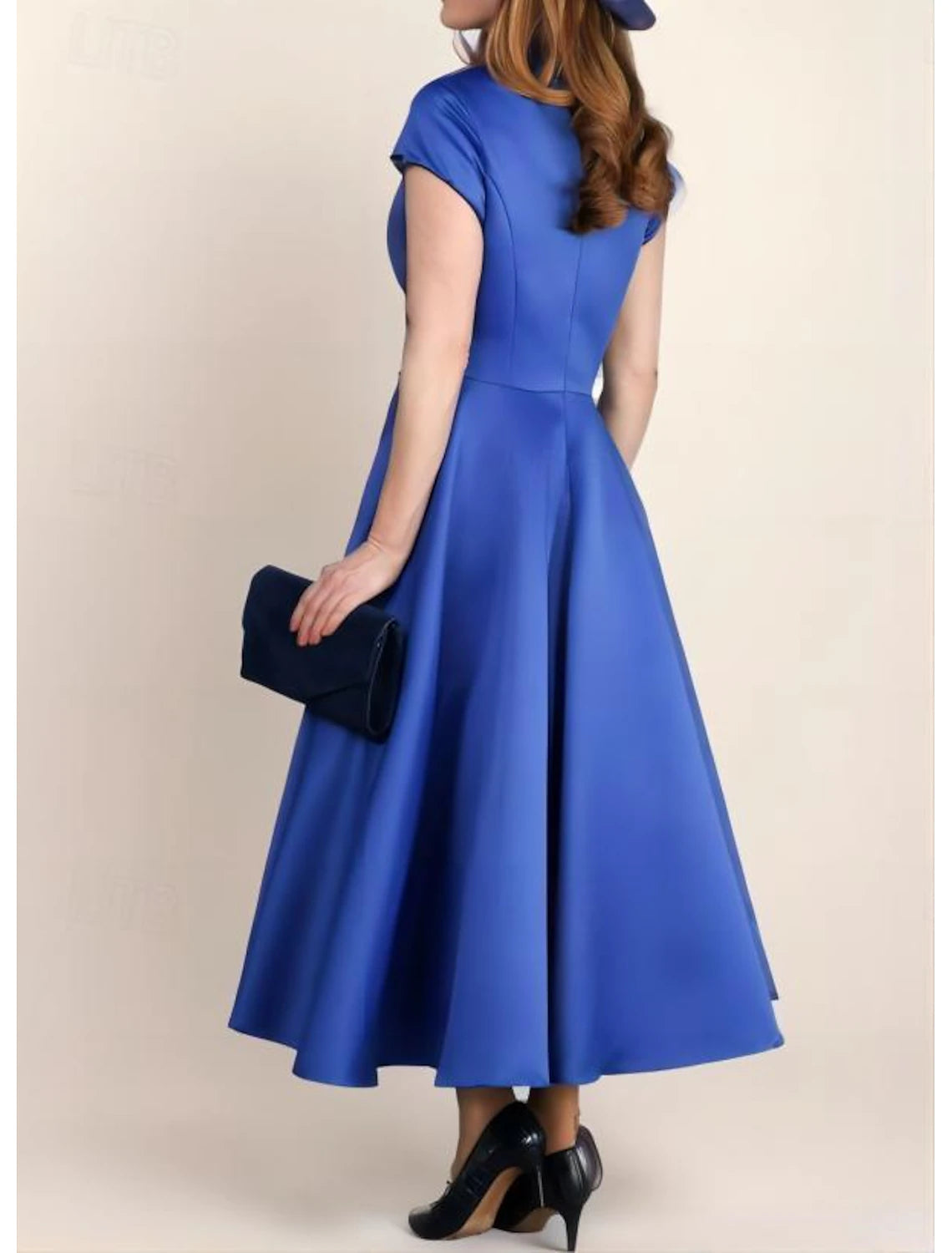 Ball Gown A-Line Mother of the Bride Dress Elegant Vintage Party V Neck Tea Length Satin Short Sleeve with Ruched Ruching Flower