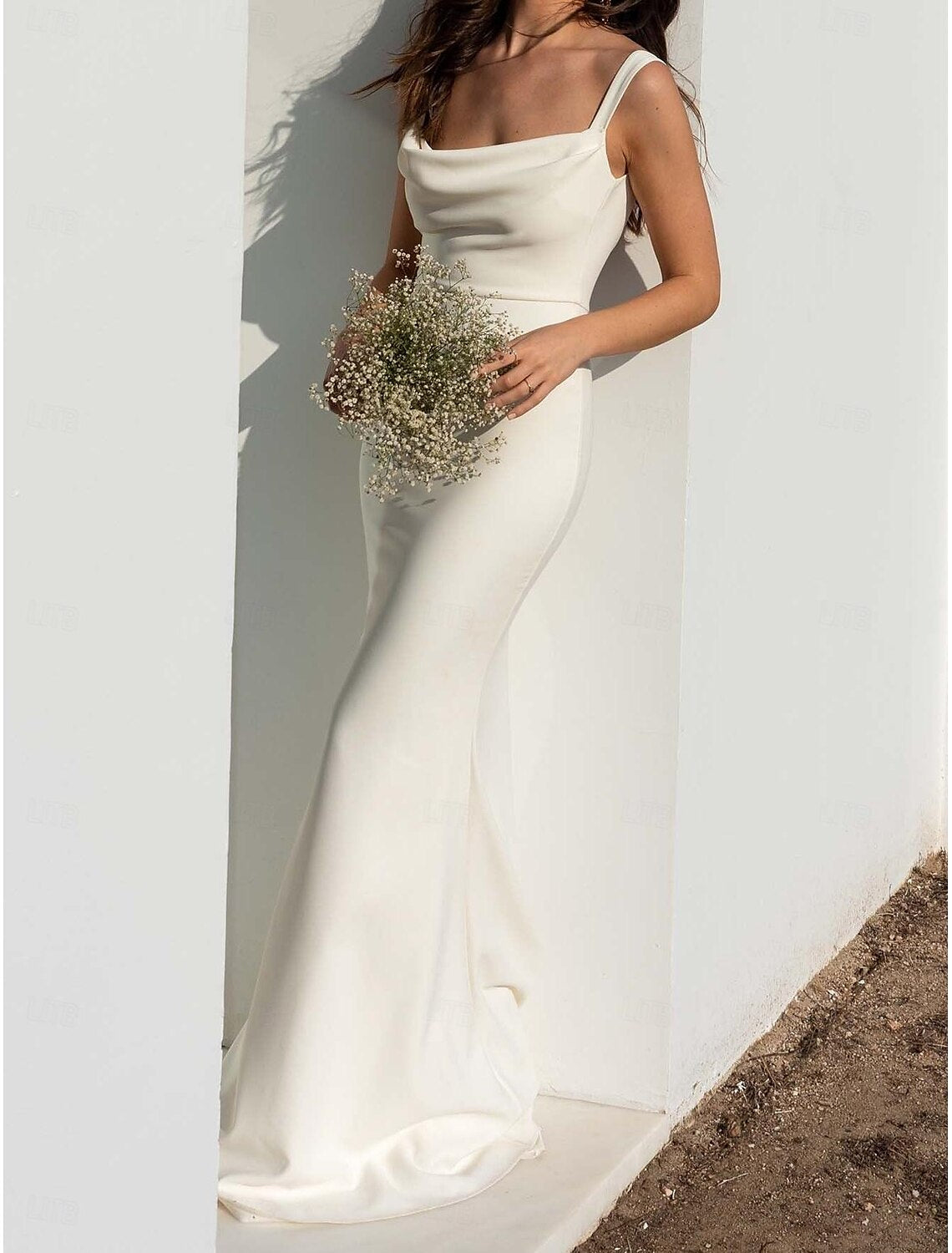 Wedding Dresses Sheath Column Camisole Spaghetti Strap Court Train Satin Bridal Gowns With Beading Solid Color