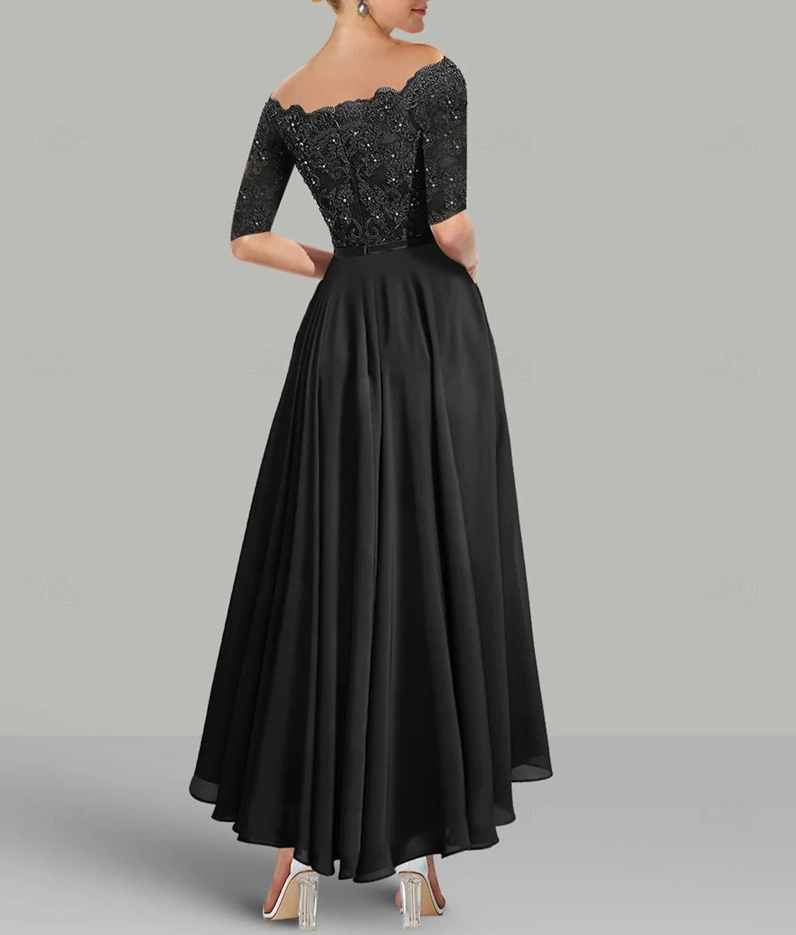 A-Line Mother of the Bride Dress Elegant High Low Off Shoulder Asymmetrical Chiffon Lace Half Sleeve with