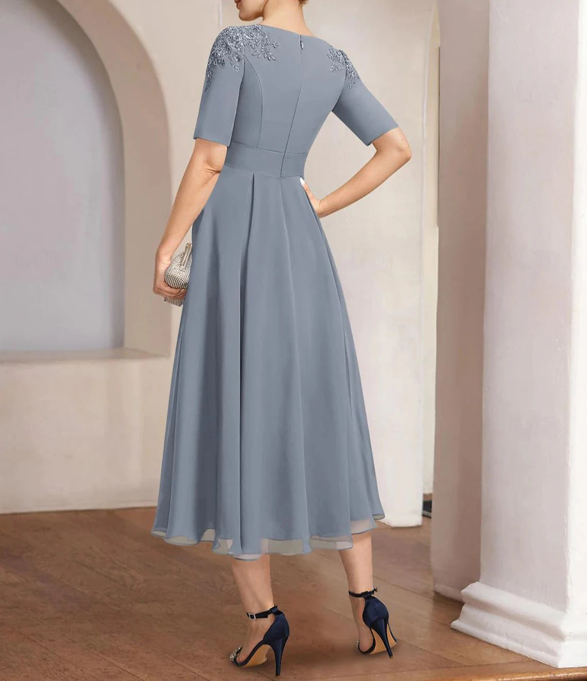 A-Line Mother of the Bride Dress Formal Elegant Bateau Neck Tea Length Chiffon Half Sleeve with