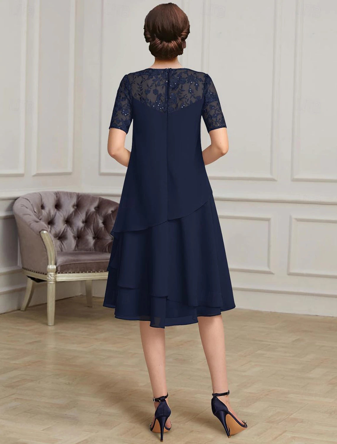A-Line Mother of the Bride Dress Formal Elegant Jewel Neck Tea Length Chiffon Short Sleeve with