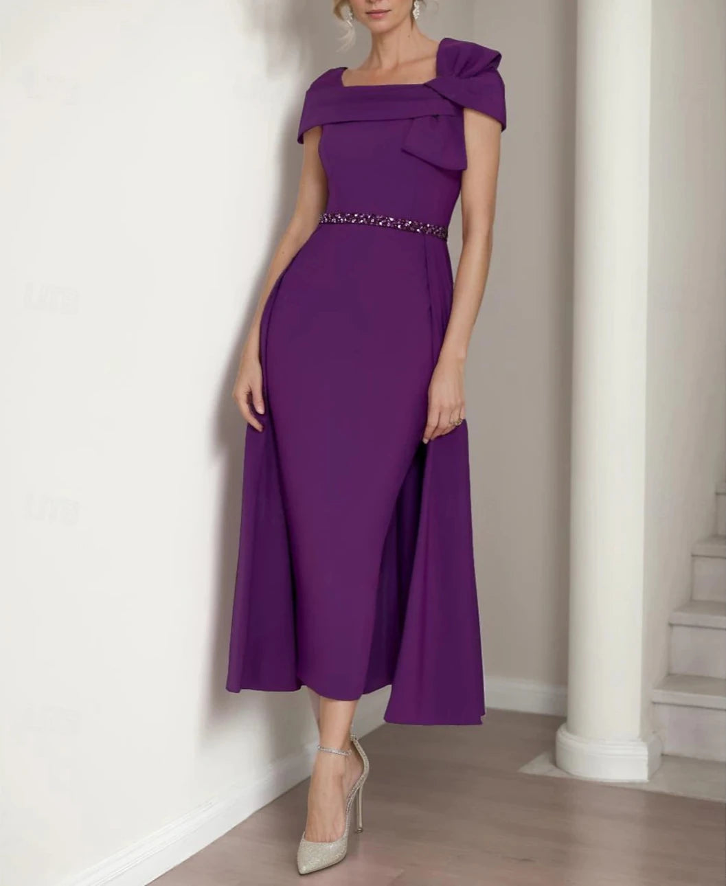 Sheath / Column Mother of the Bride Dress Elegant Square Neck Tea Length Stretch Fabric Short Sleeve with